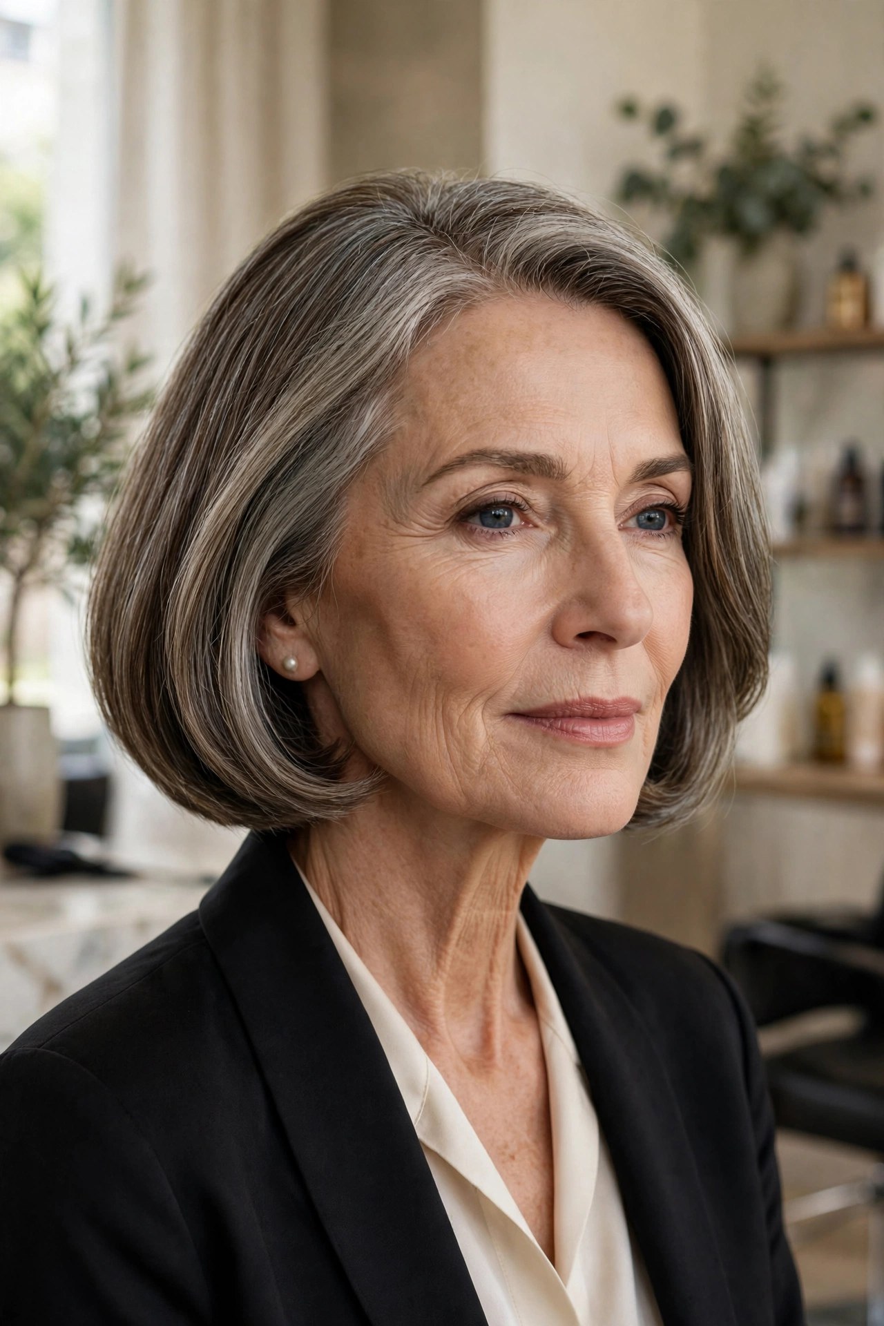 Rounded chin-length bob with tucked-under ends, woman in her 60s
