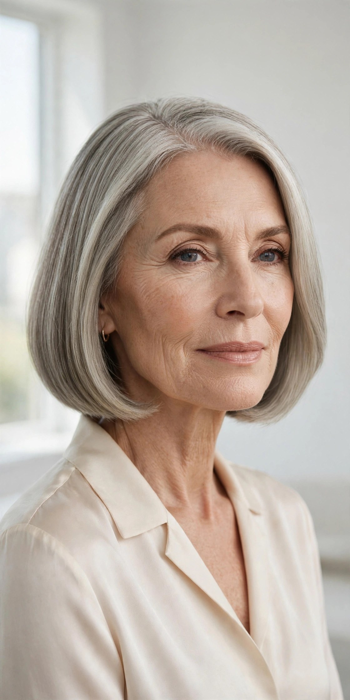 Blunt jaw-length bob with soft side part, woman in her 60s