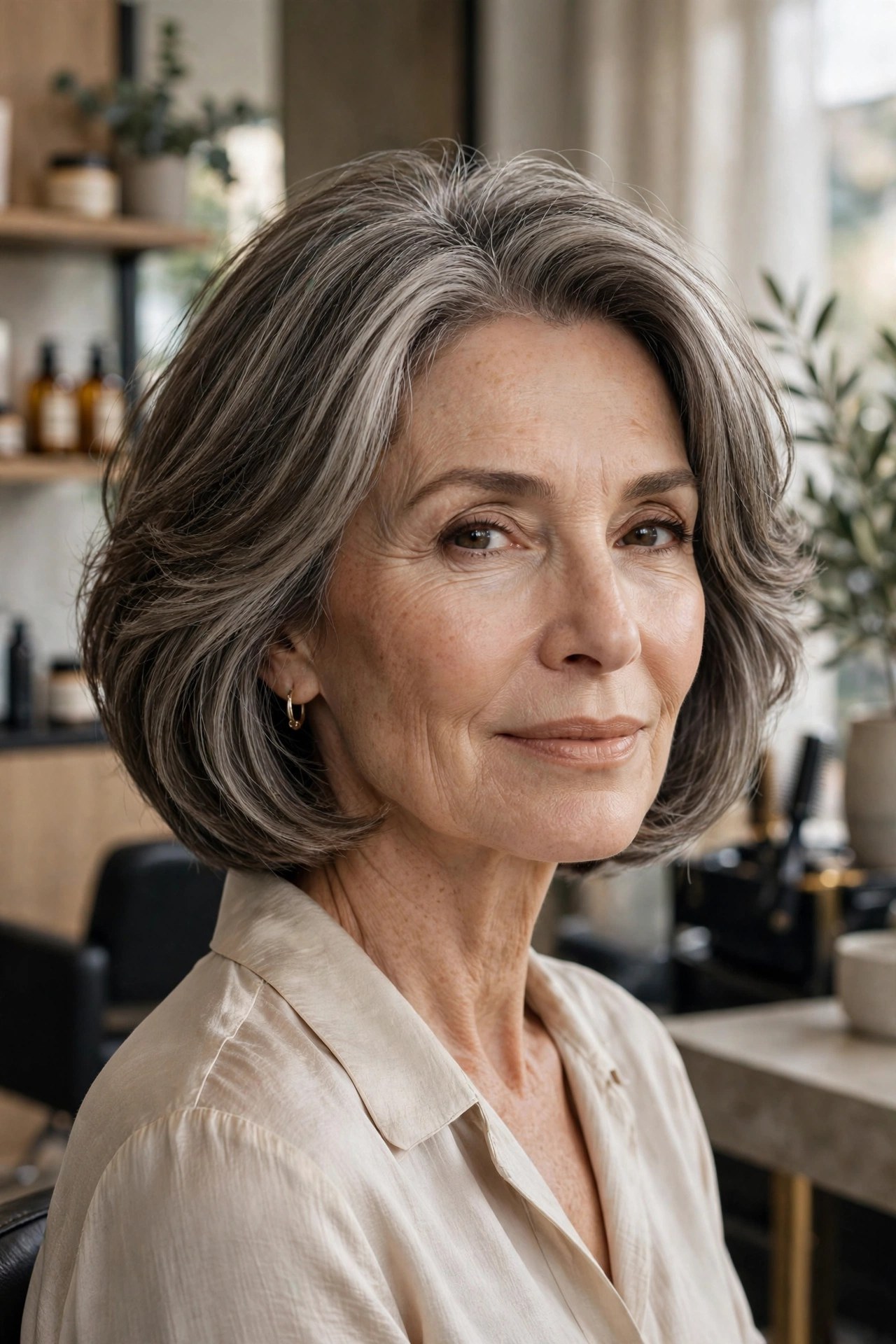 Layered bob with soft width through the crown, woman in her 60s