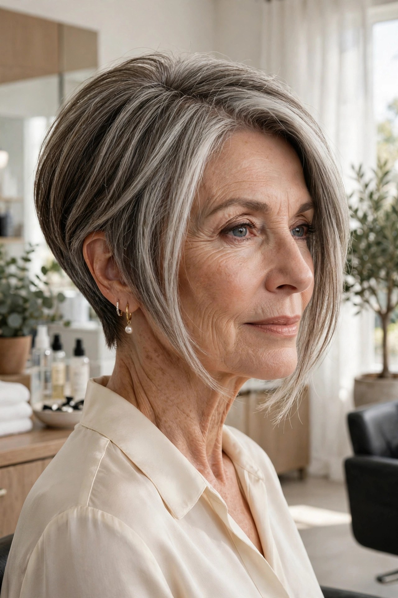 Short wedge haircut with soft rounded back, woman in her 60s