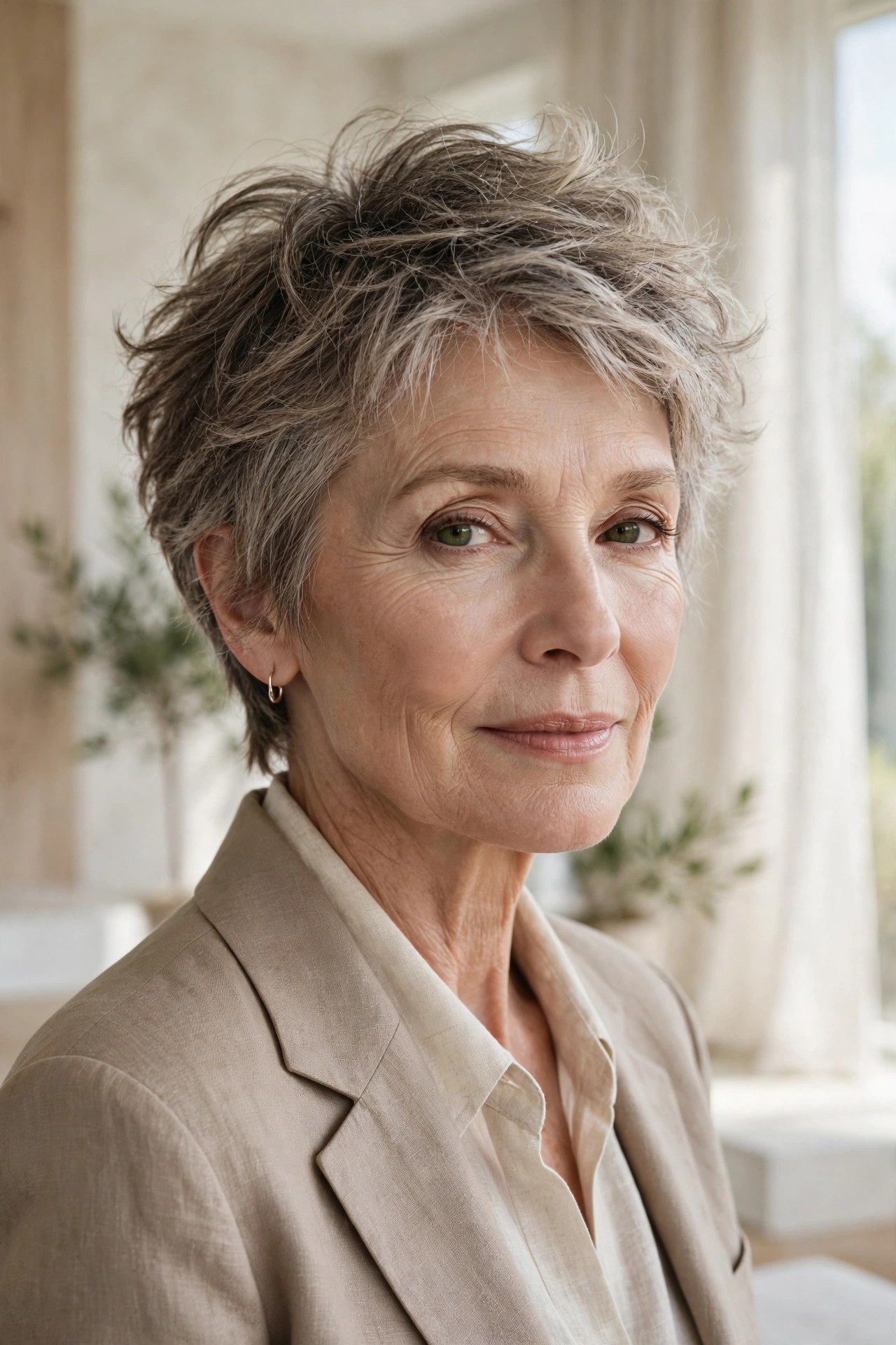 Gentle tousled pixie with soft messy texture, woman in her 60s
