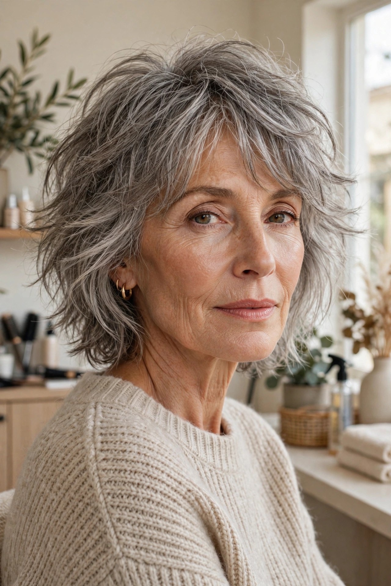 Wispy shag with soft airy layers, woman in her 60s