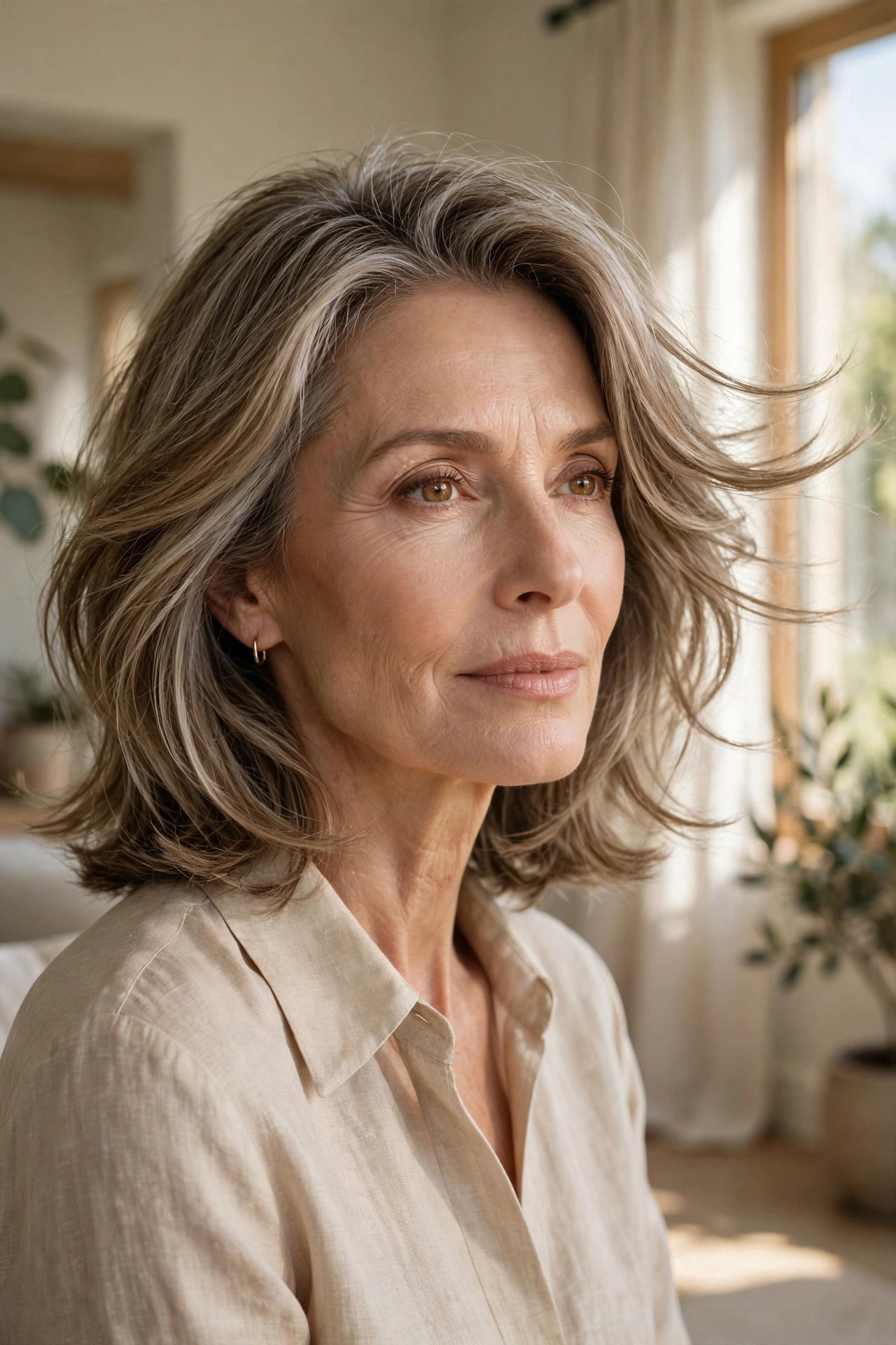 Shoulder-length lob with light soft layers, woman in her 60s