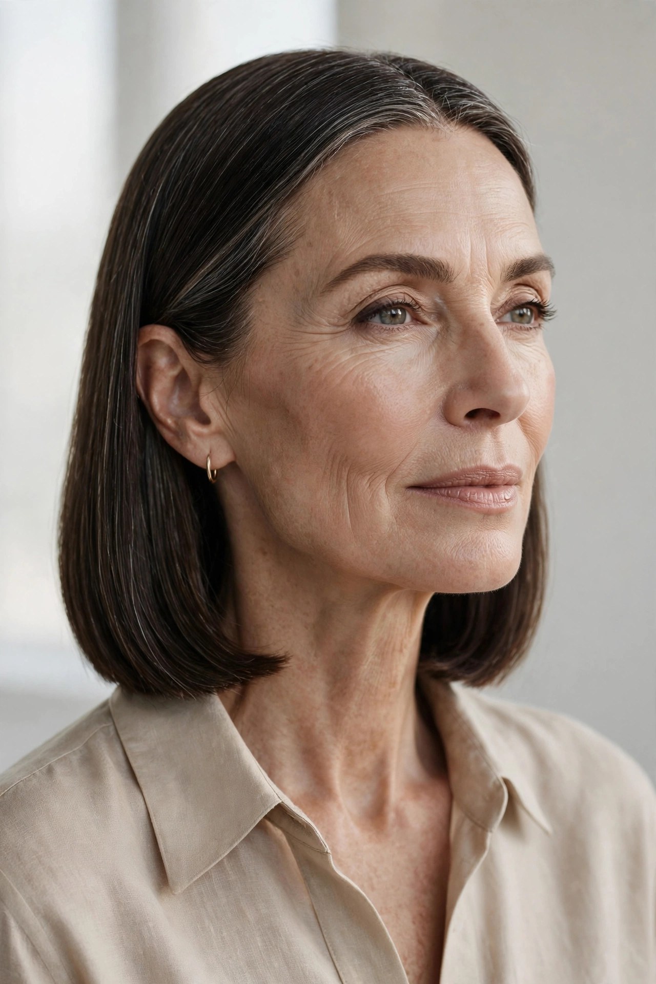 Straight polished collarbone-length lob with clean line, woman in her 60s