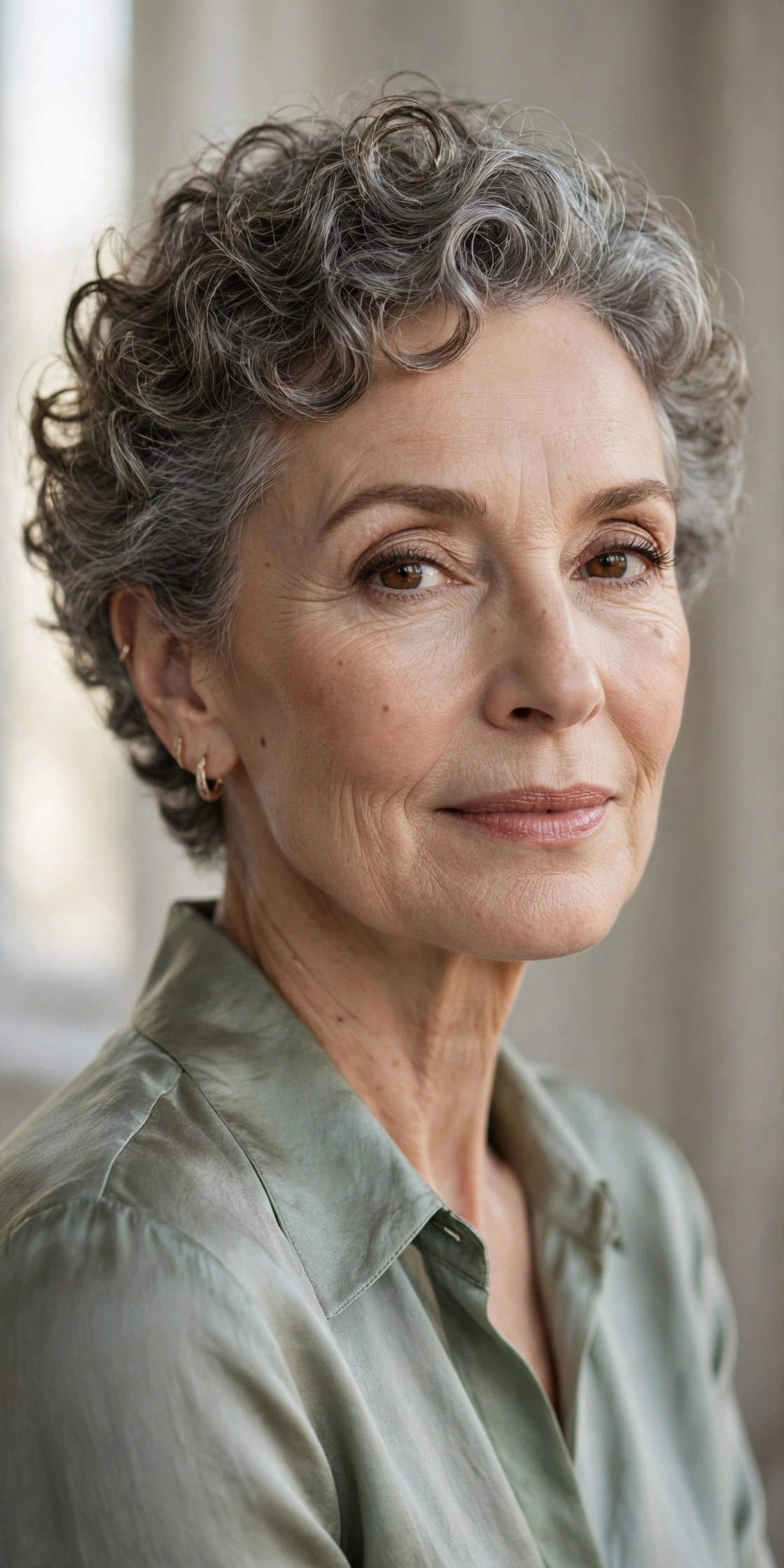 Soft curly crop with short defined curls, woman in her 60s