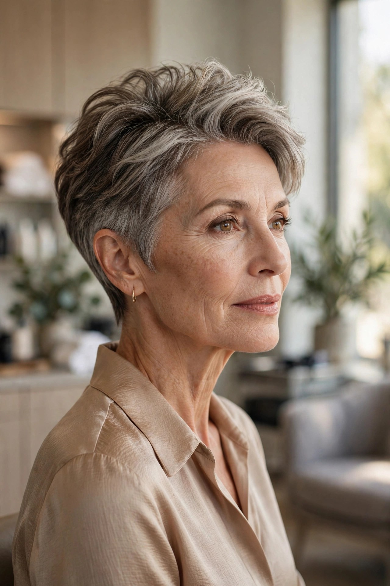 Tapered pixie with longer crown length, woman in her 60s