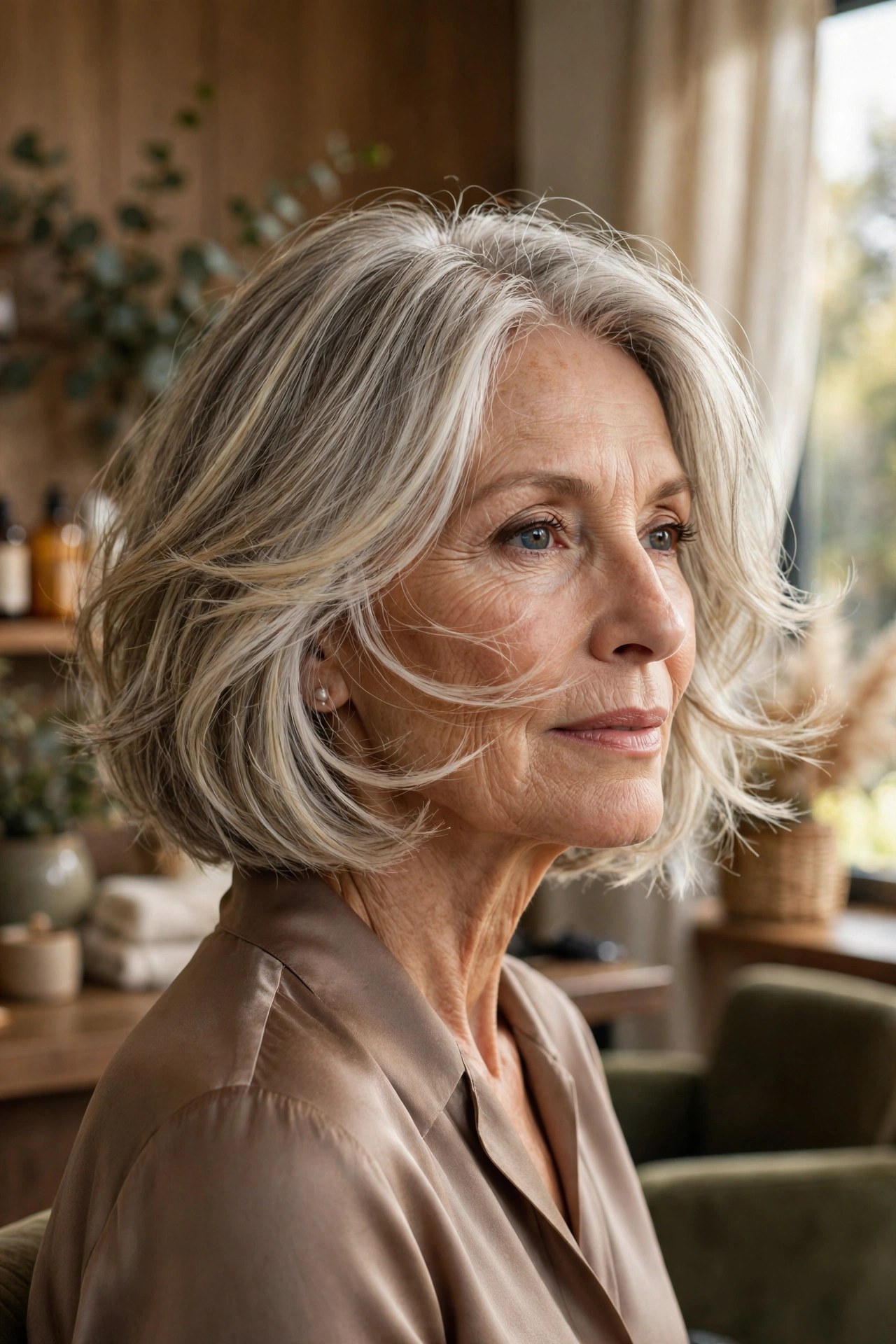 Feathered bob with soft face-framing layers, woman in her 60s
