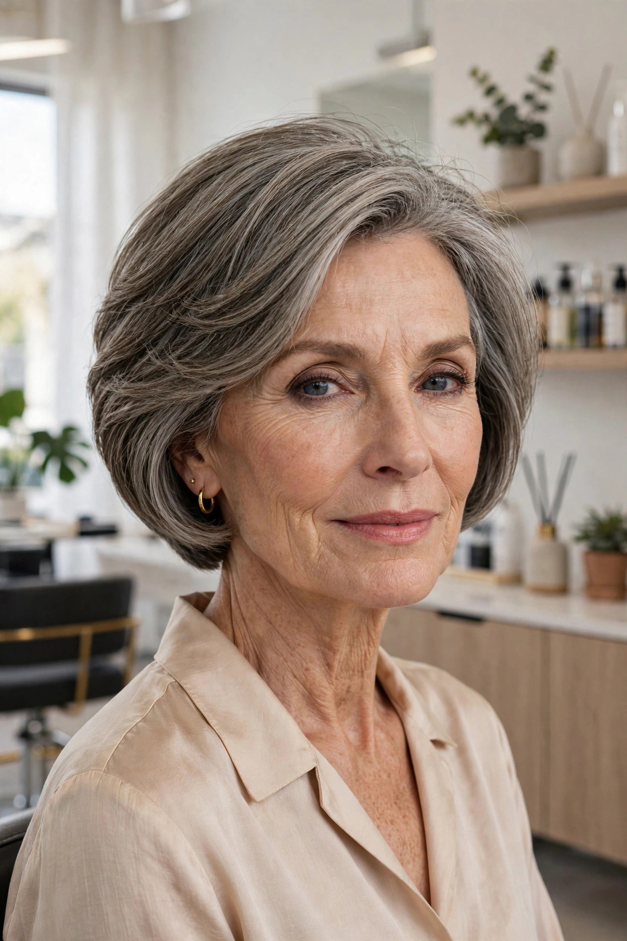 Short stacked bob with graduated fullness, woman in her 60s