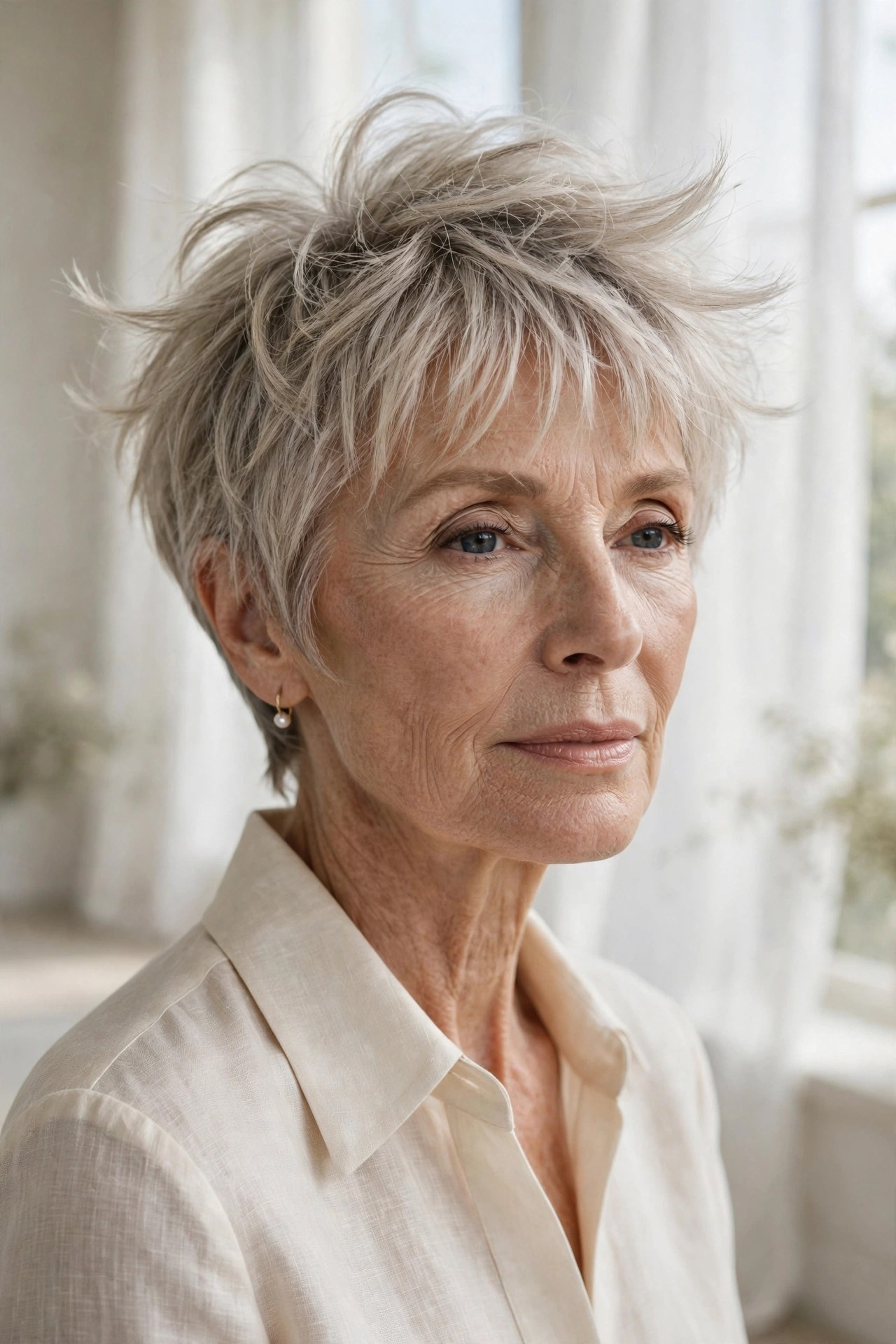 Airy pixie with soft light fringe, woman in her 60s