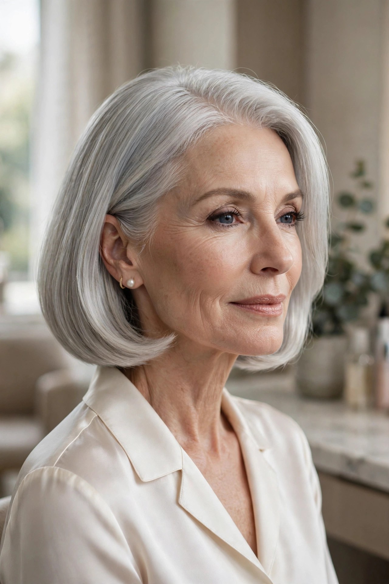 Classic silver bob with luminous shine, woman in her 60s