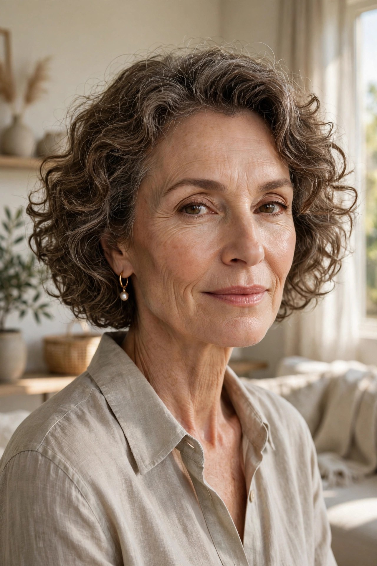 Low-maintenance curly bob with natural curls, woman in her 60s