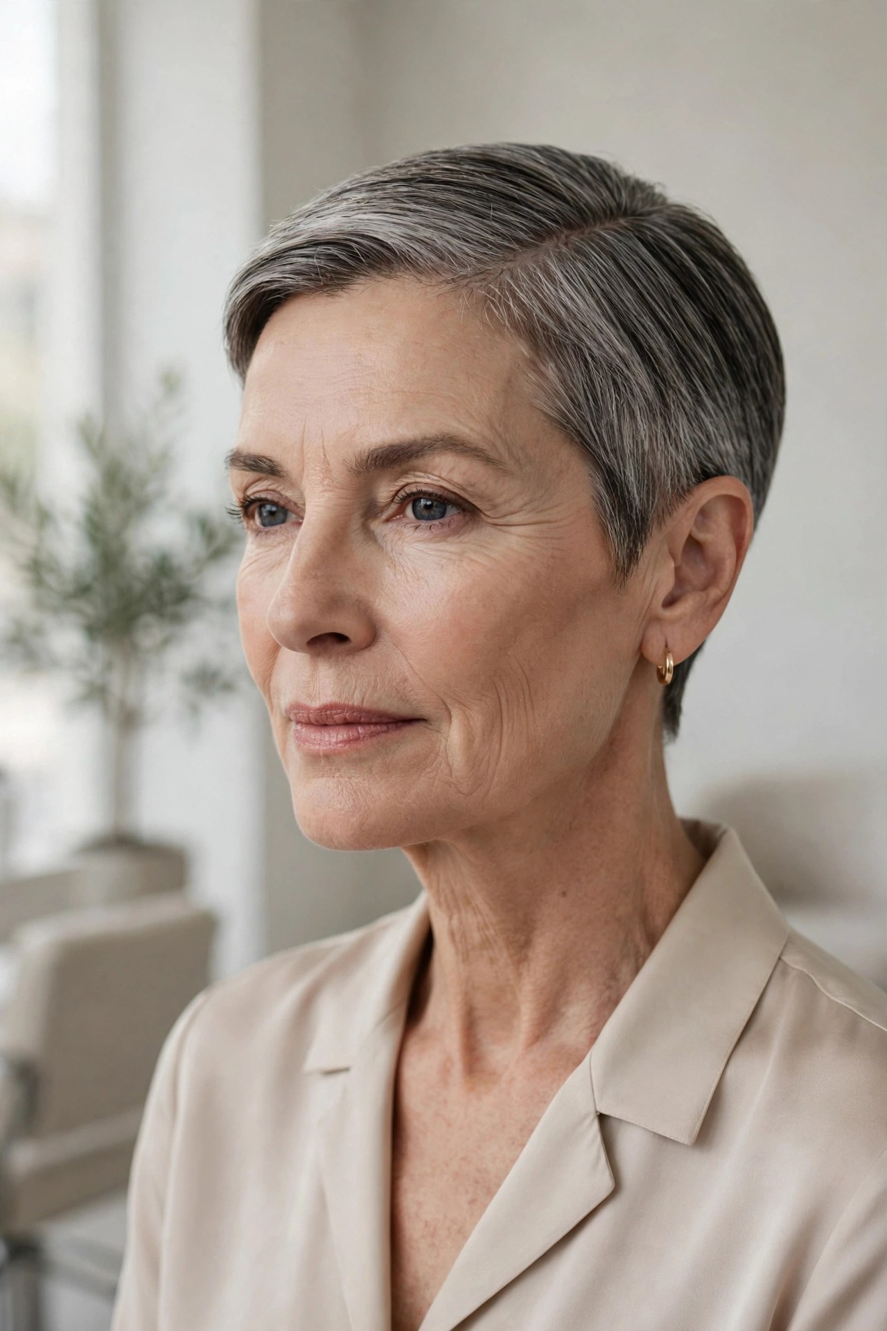 Simple side-parted short crop, woman in her 60s