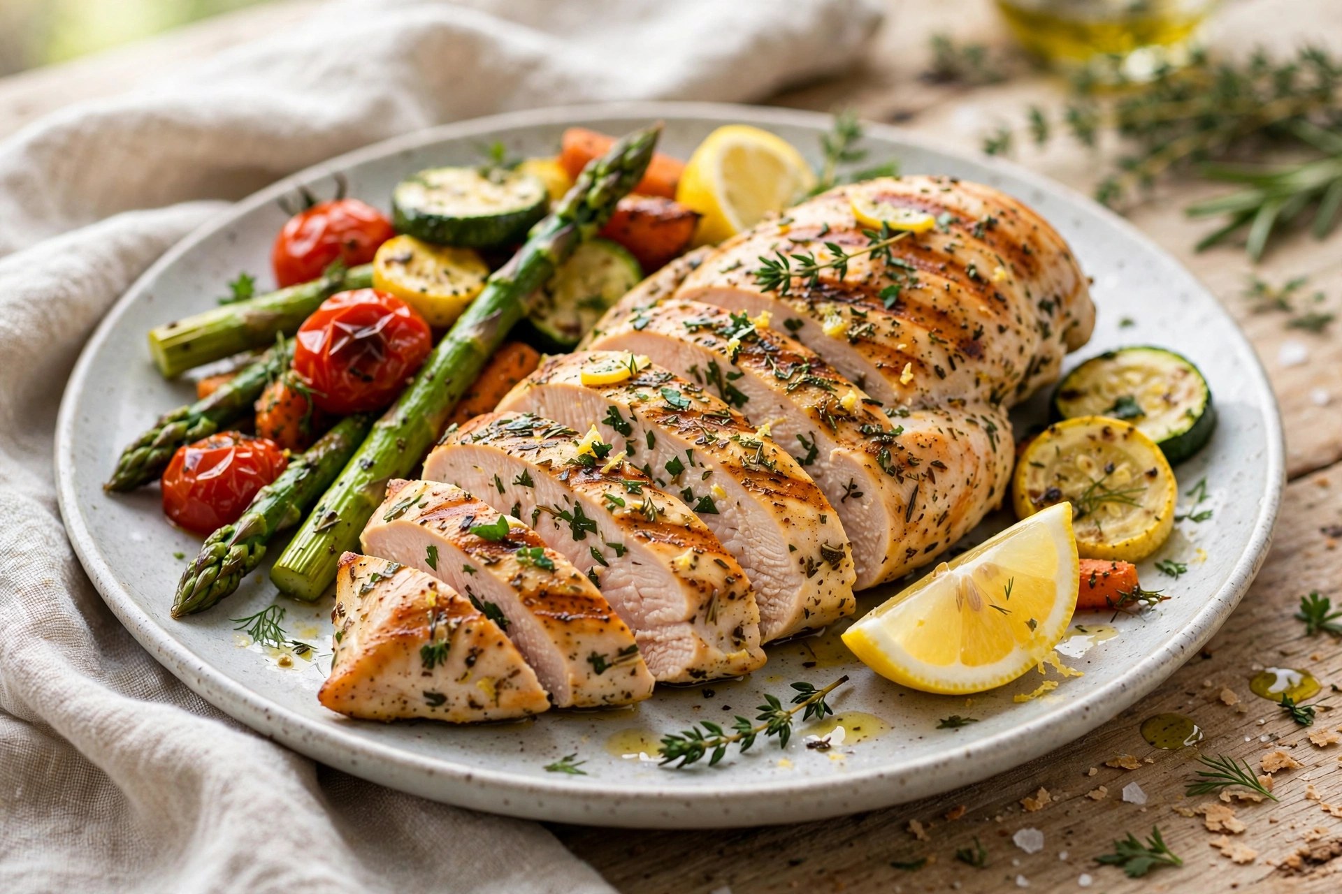 Lemon herb grilled chicken breast sliced with vegetables