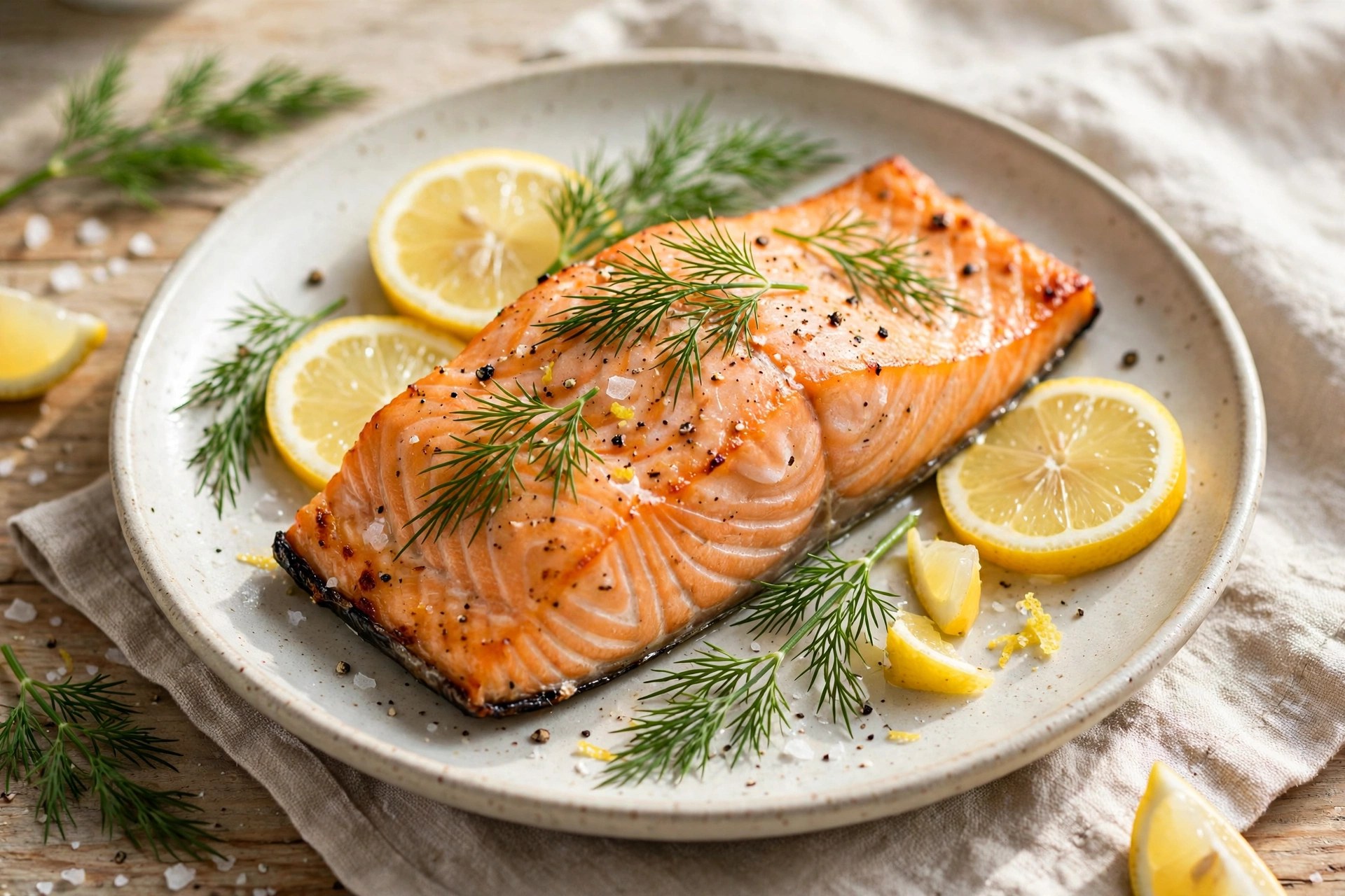 Baked salmon fillet with fresh dill and lemon