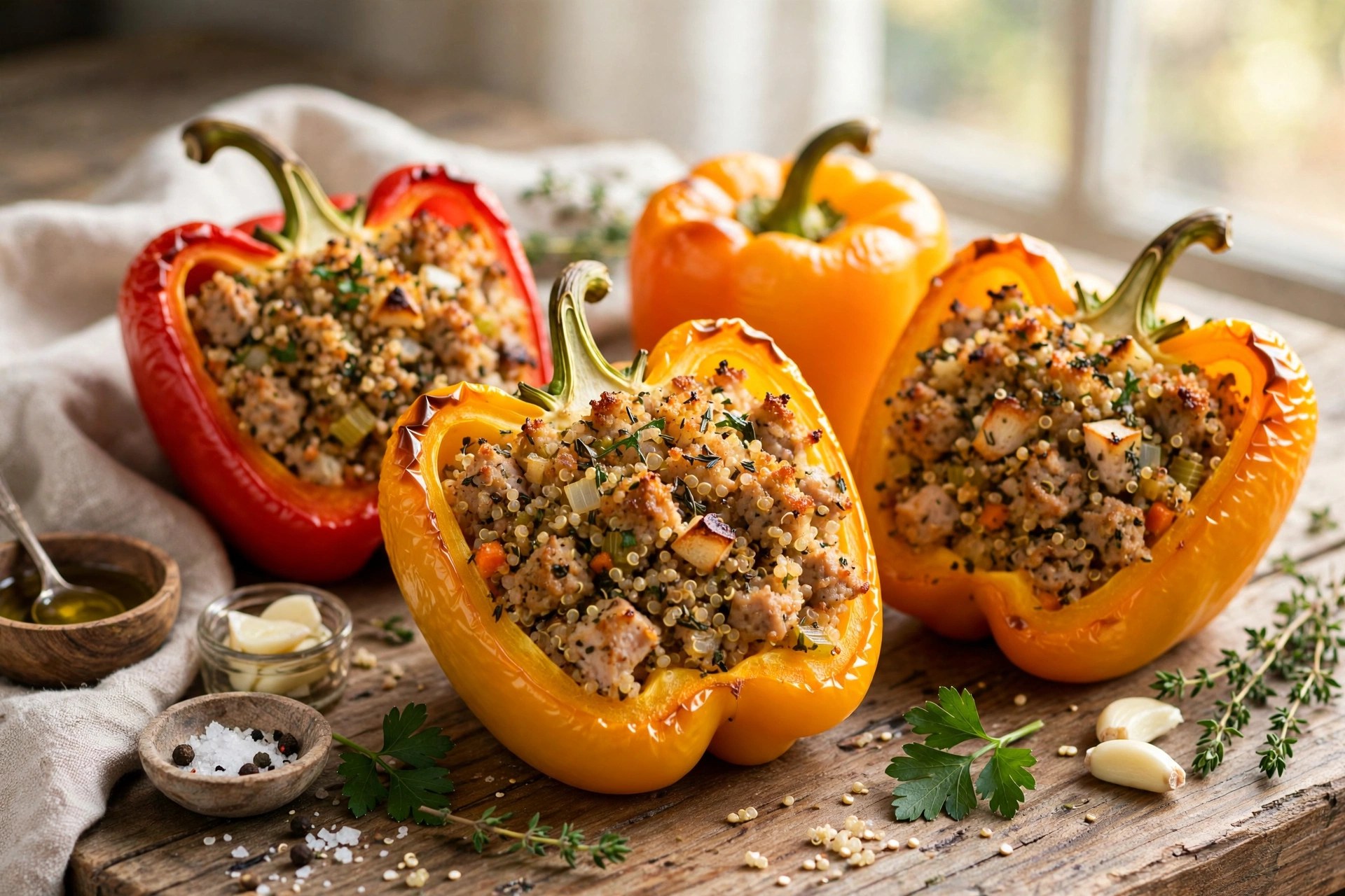 Turkey and quinoa stuffed bell peppers baked golden