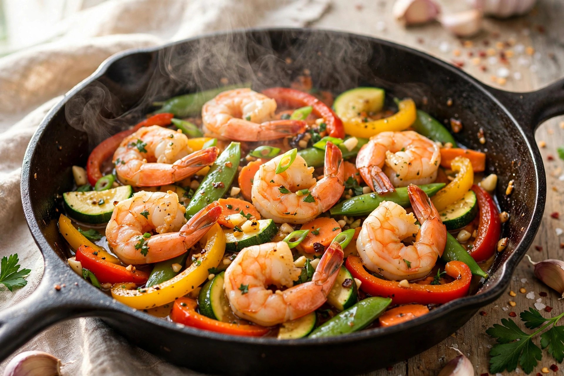 Garlic shrimp stir-fry with colorful vegetables