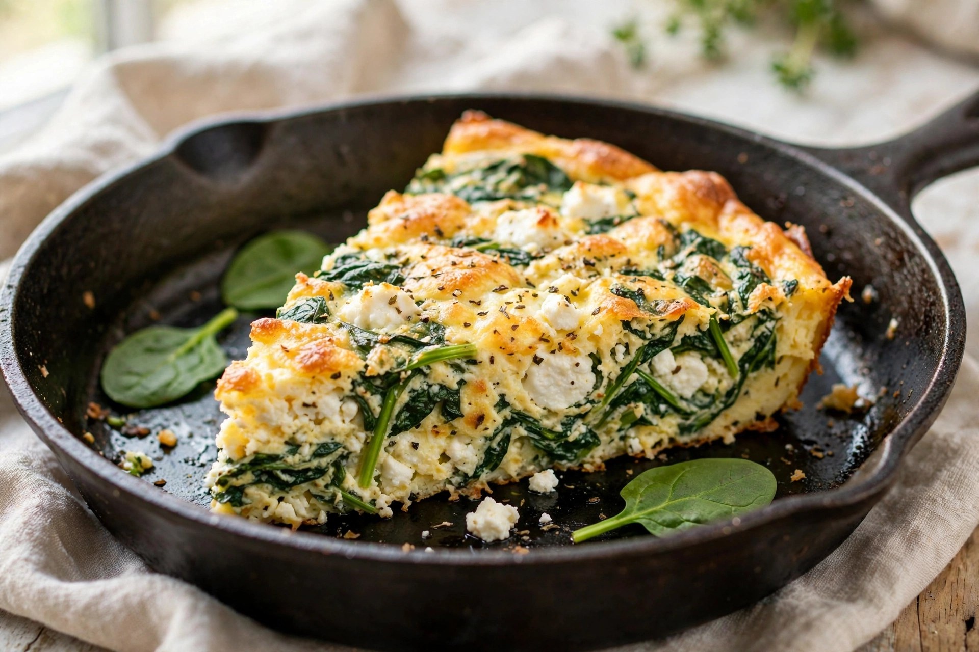 Spinach and feta egg bake slice in a skillet