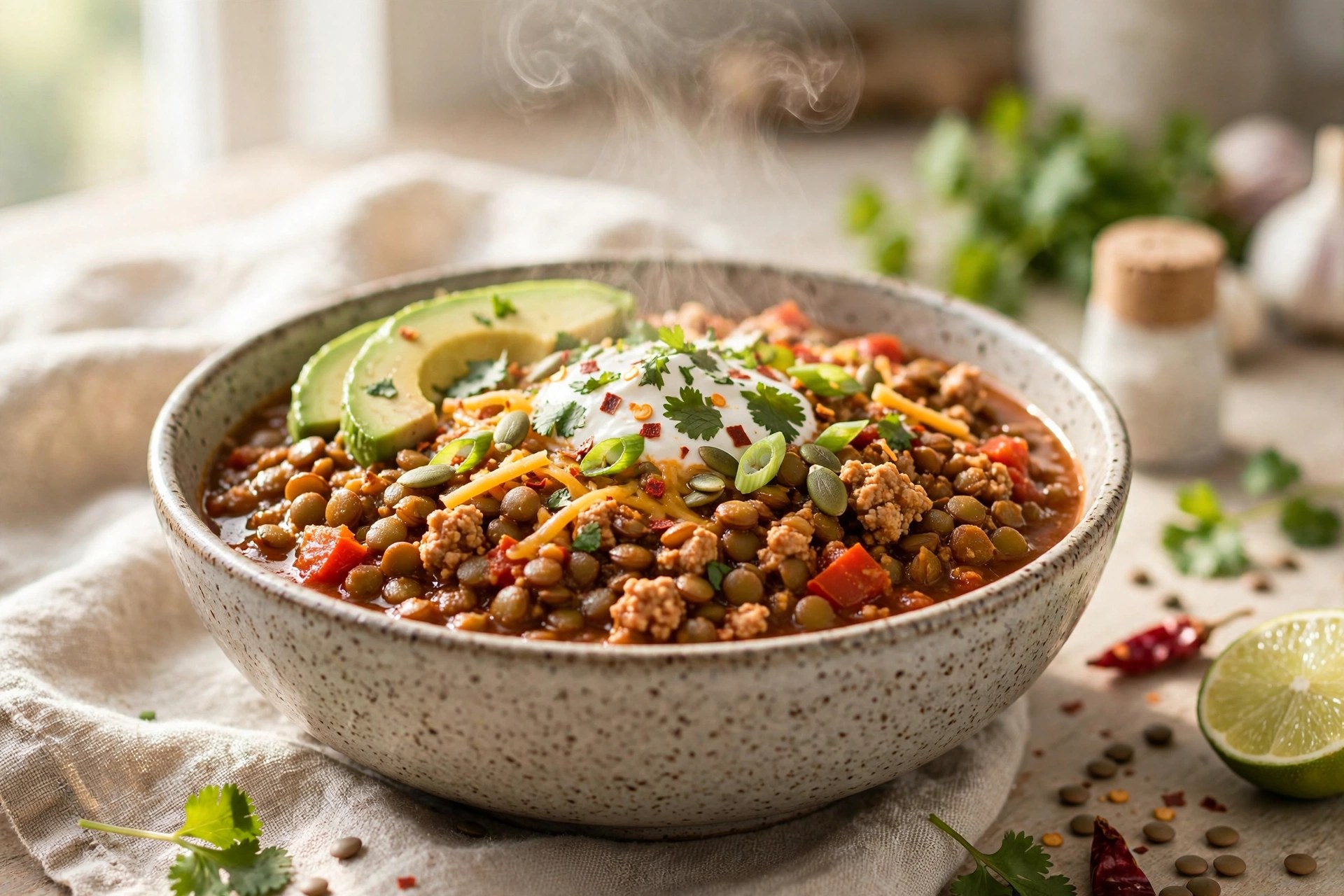 Hearty lentil and turkey chili in a bowl