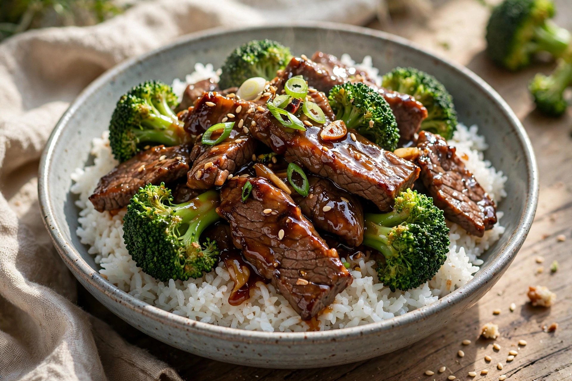 Beef and broccoli stir-fry over rice in a bowl
