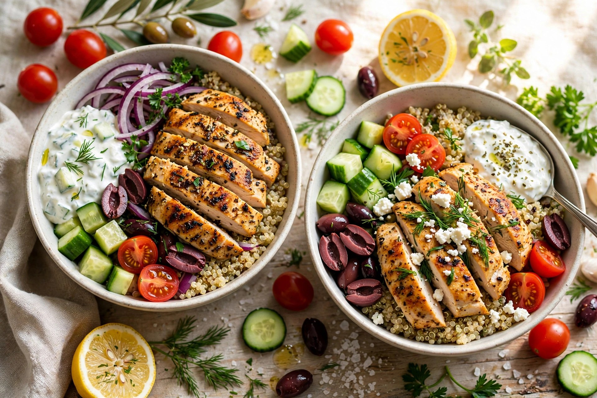 Greek chicken bowls with quinoa cucumber tomato and tzatziki