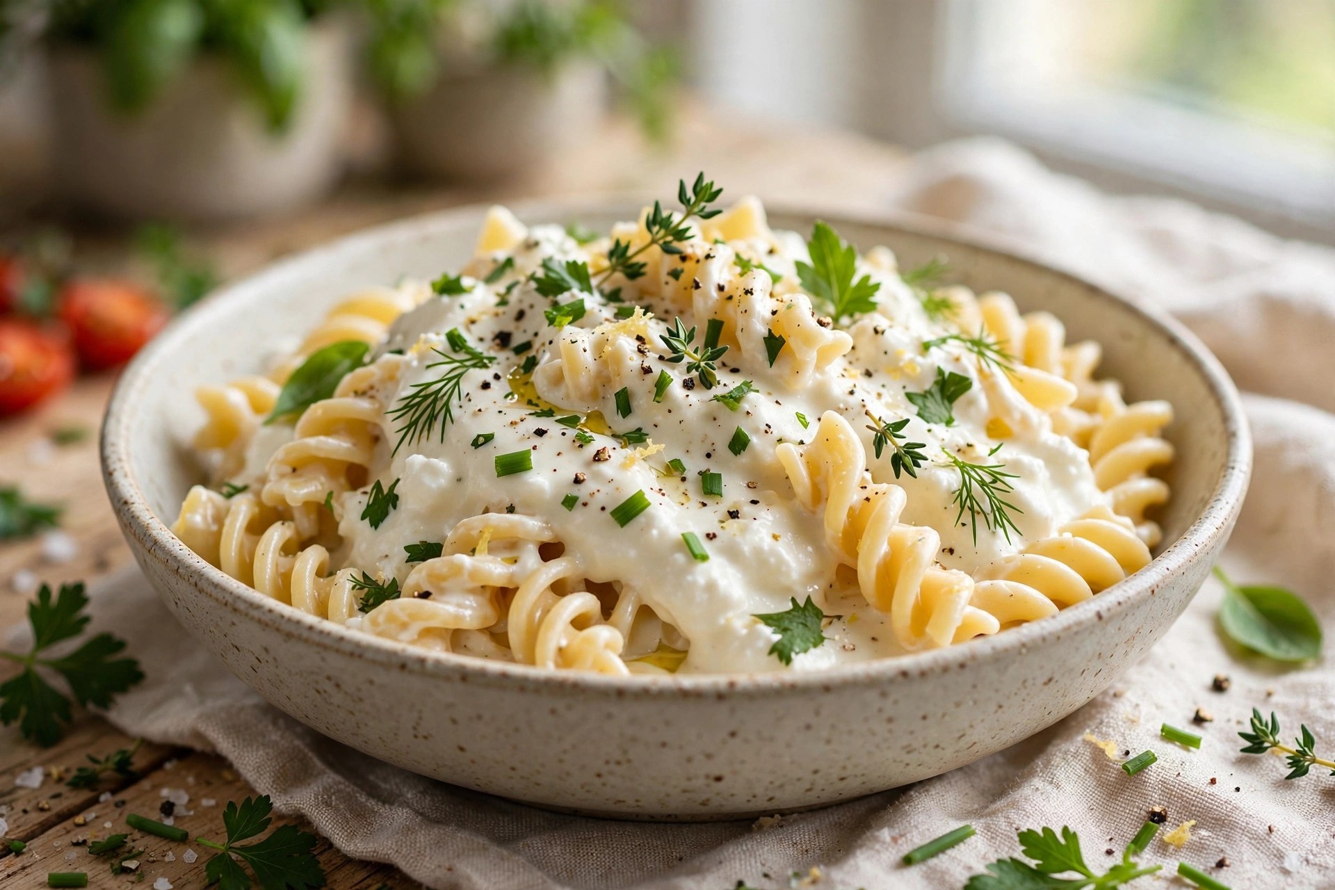 Pasta with creamy cottage cheese protein sauce