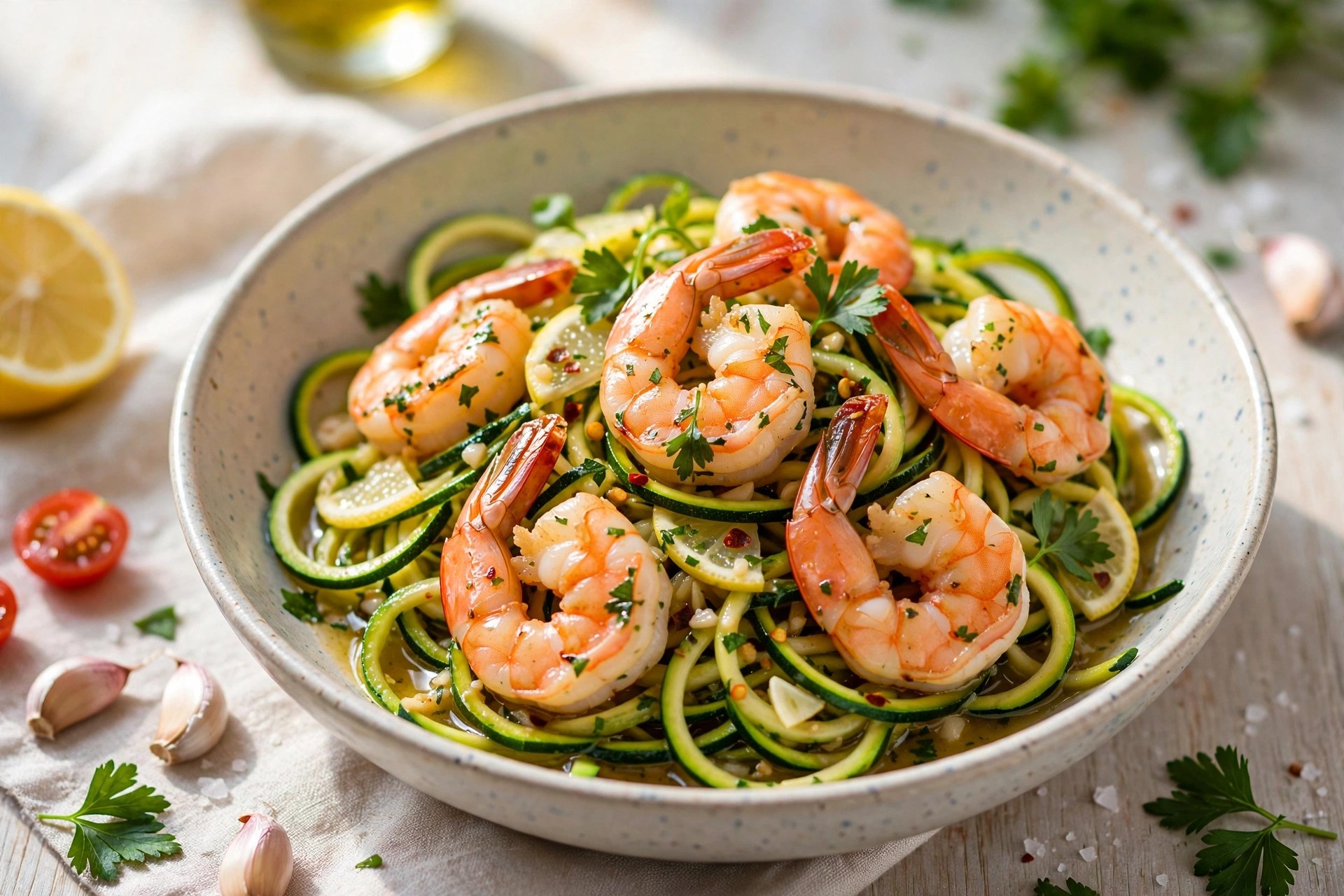 Shrimp with zucchini noodles in garlic sauce