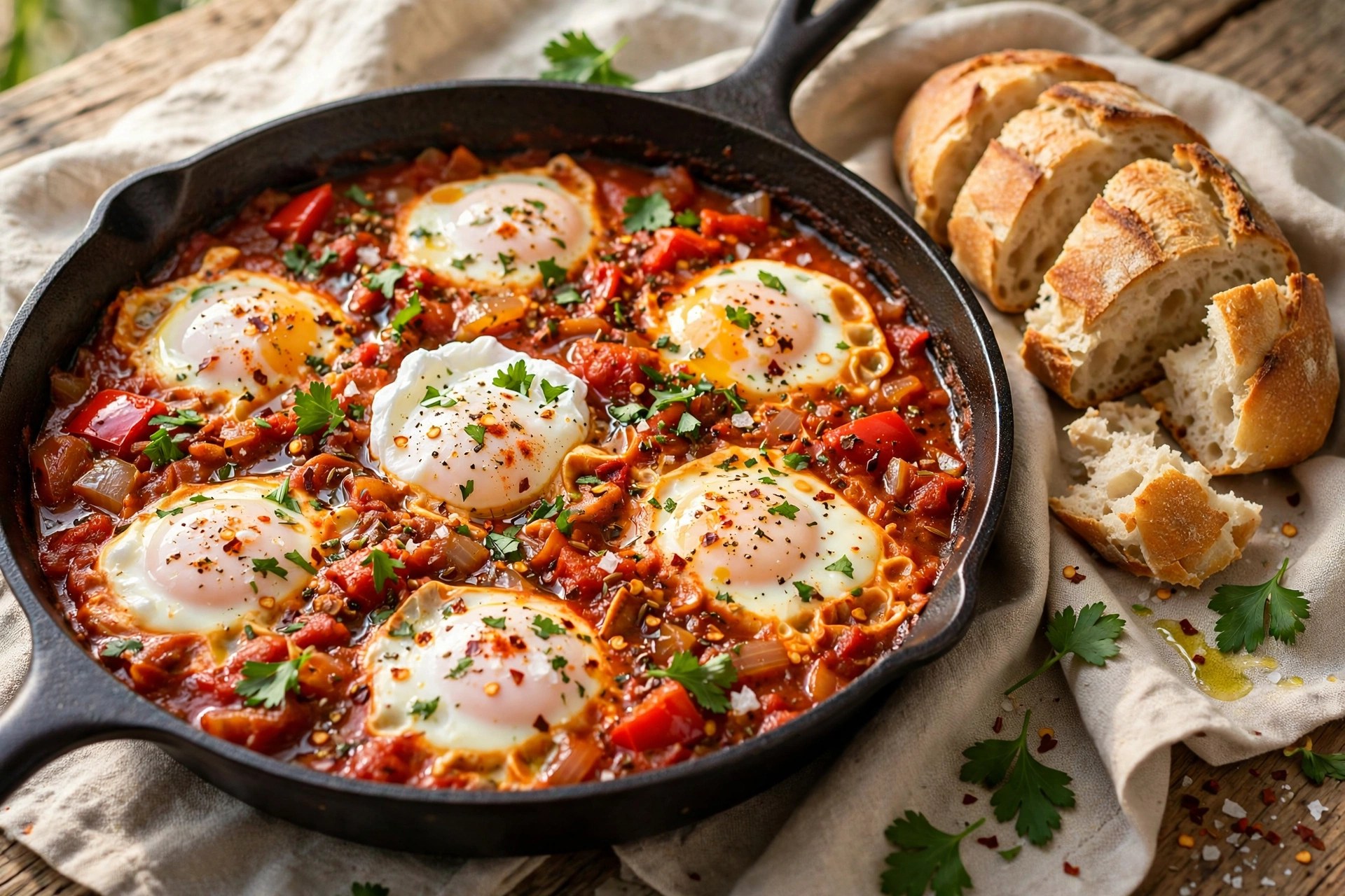 Shakshuka with eggs poached in spiced tomato sauce