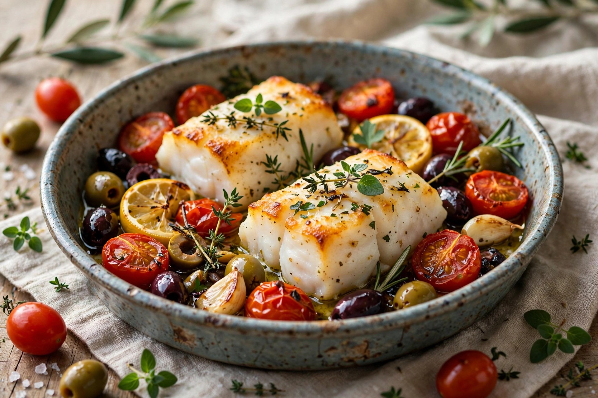 Baked cod with tomatoes and olives Mediterranean style