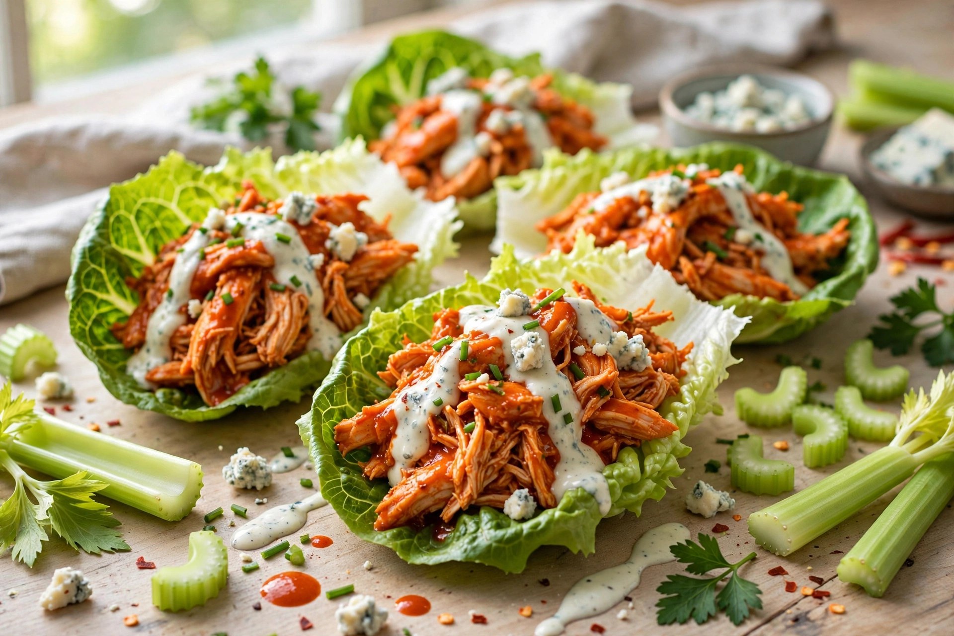 Buffalo chicken lettuce wraps with celery