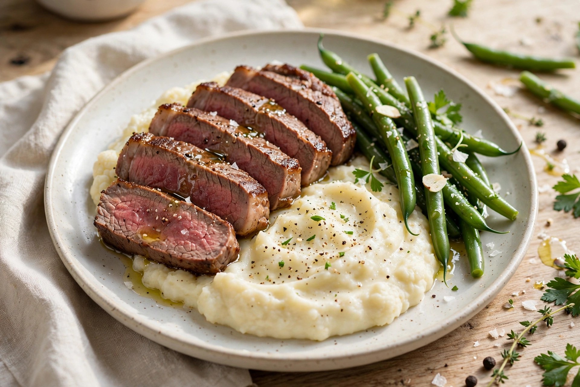 Sliced steak with creamy cauliflower mash and green beans