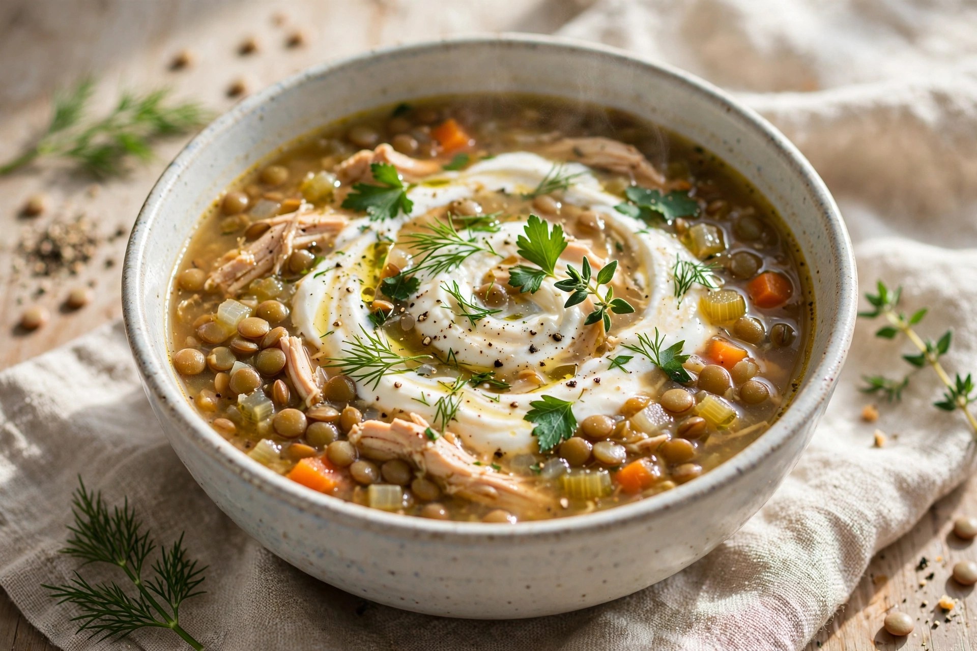Chicken and lentil soup with herbs and yogurt