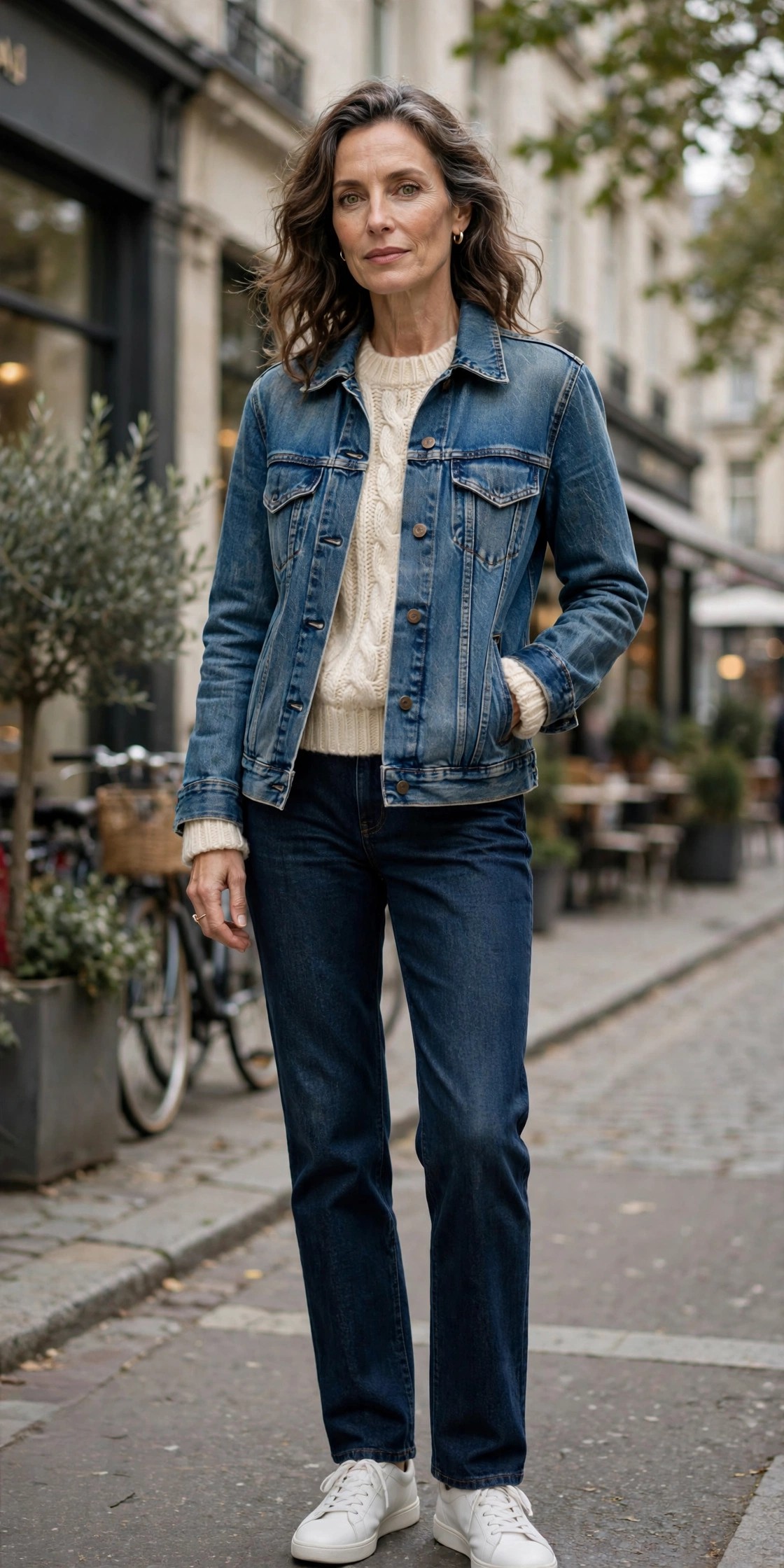 Woman in her 50s wearing a denim trucker jacket over a cream cable-knit sweater with dark jeans and white sneakers
