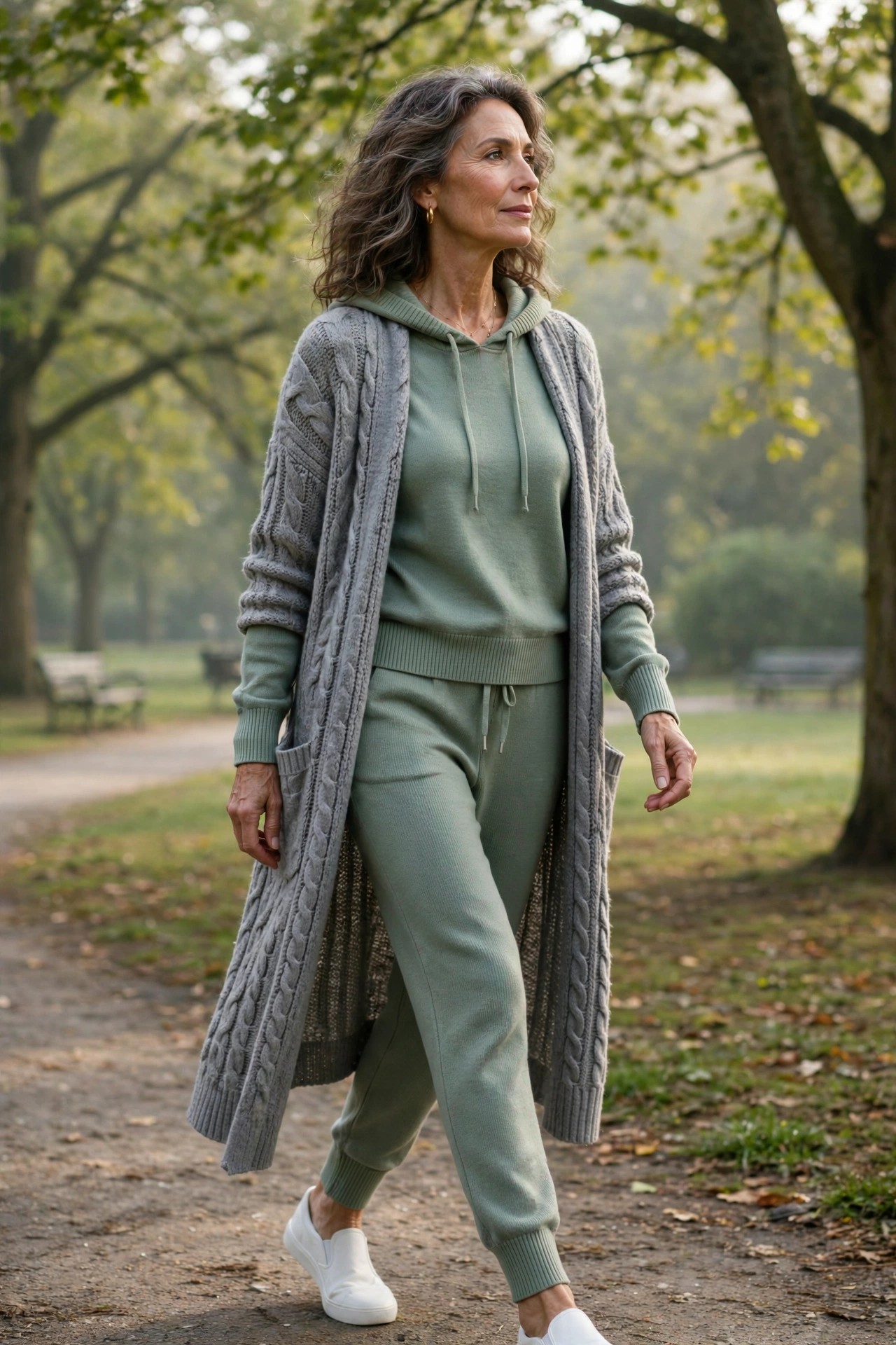 Woman in her 50s in a sage knit jogger set with a grey duster cardigan and white slip-on sneakers