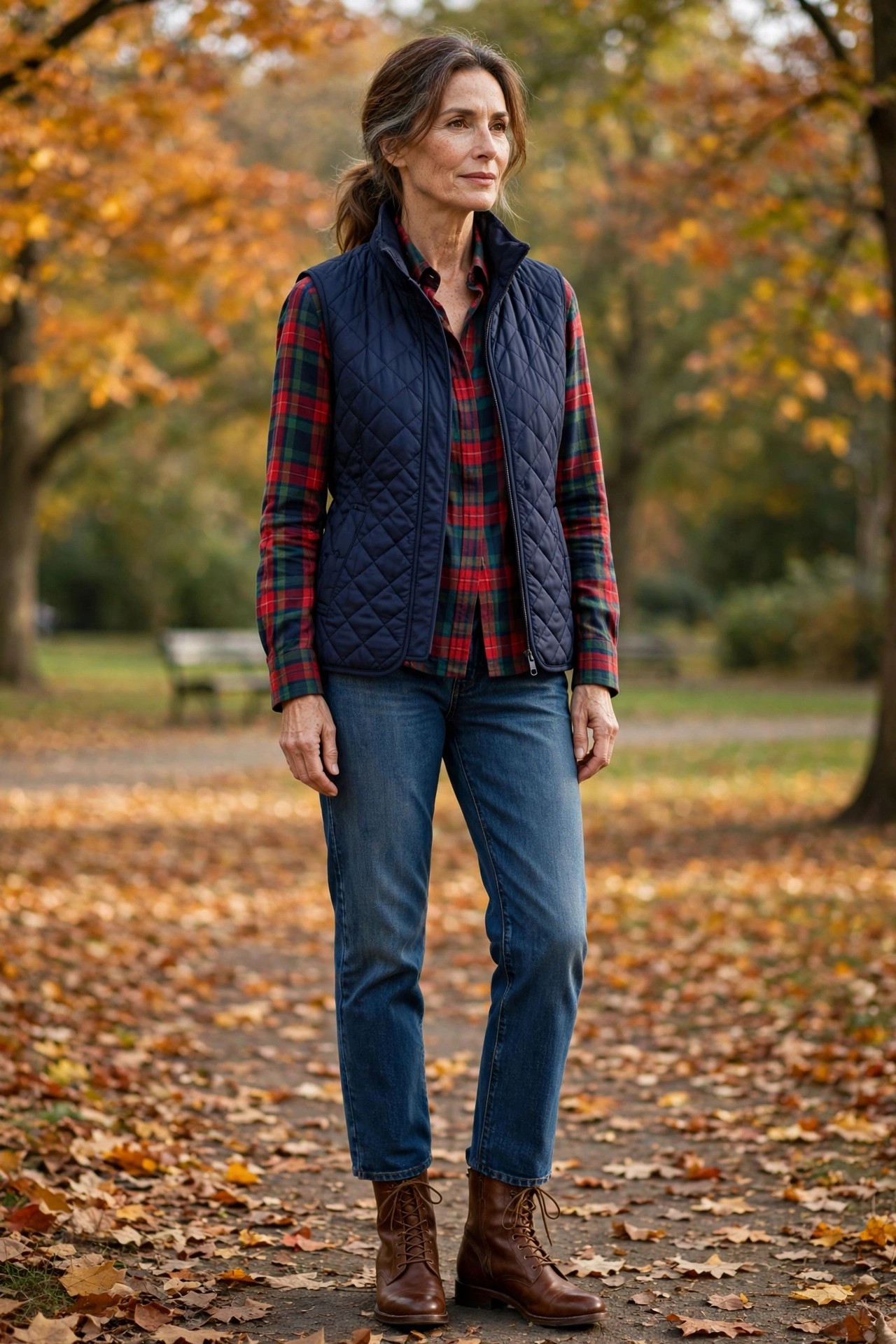 Woman in her 50s in a navy quilted vest over a plaid flannel shirt with straight jeans and brown boots