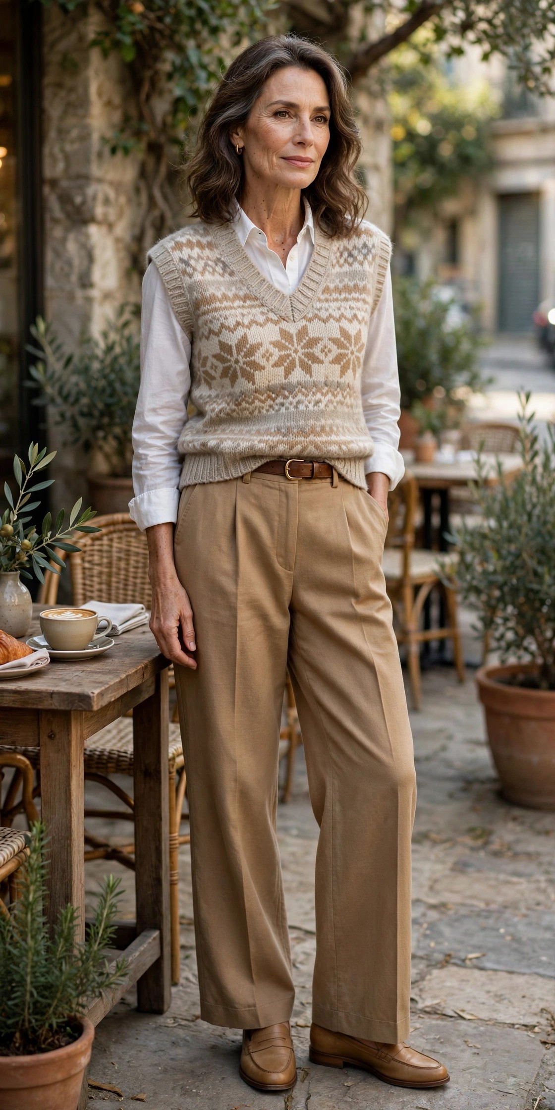 Woman in her 50s in an oatmeal Fair Isle sweater vest over a white shirt with camel wide-leg chinos