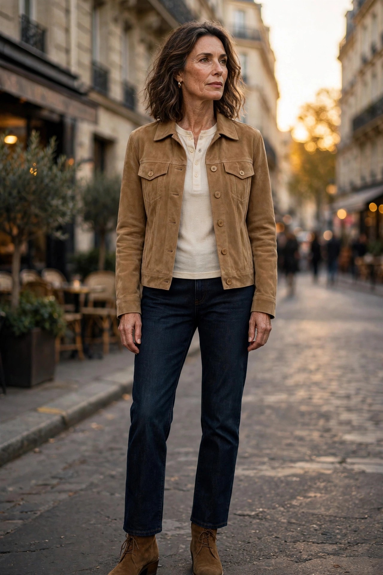 Woman in her 50s in a tan suede trucker jacket over a cream henley with dark jeans and suede boots