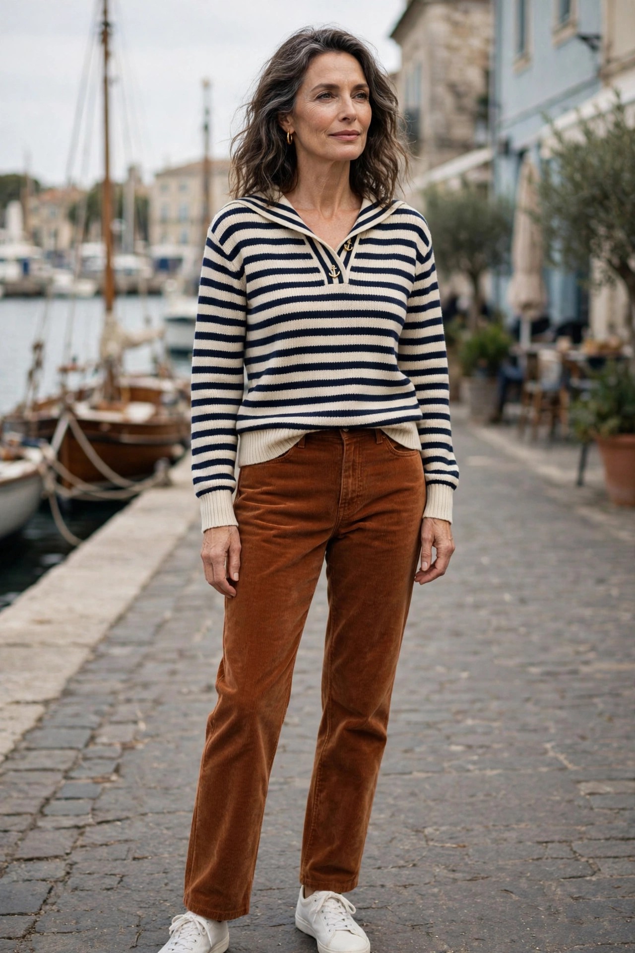 Woman in her 50s in a navy striped sailor sweater with rust corduroy pants and white sneakers