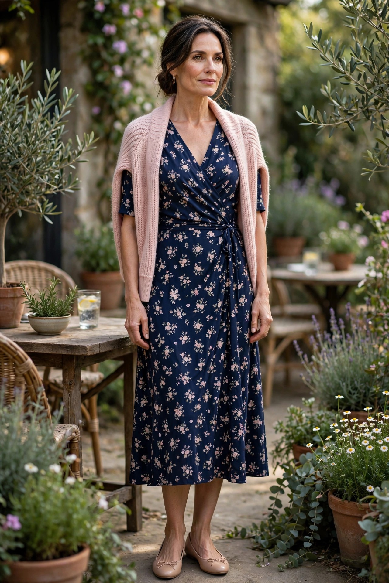 Woman in her 50s in a navy floral wrap dress with a blush knit cardigan and nude flats