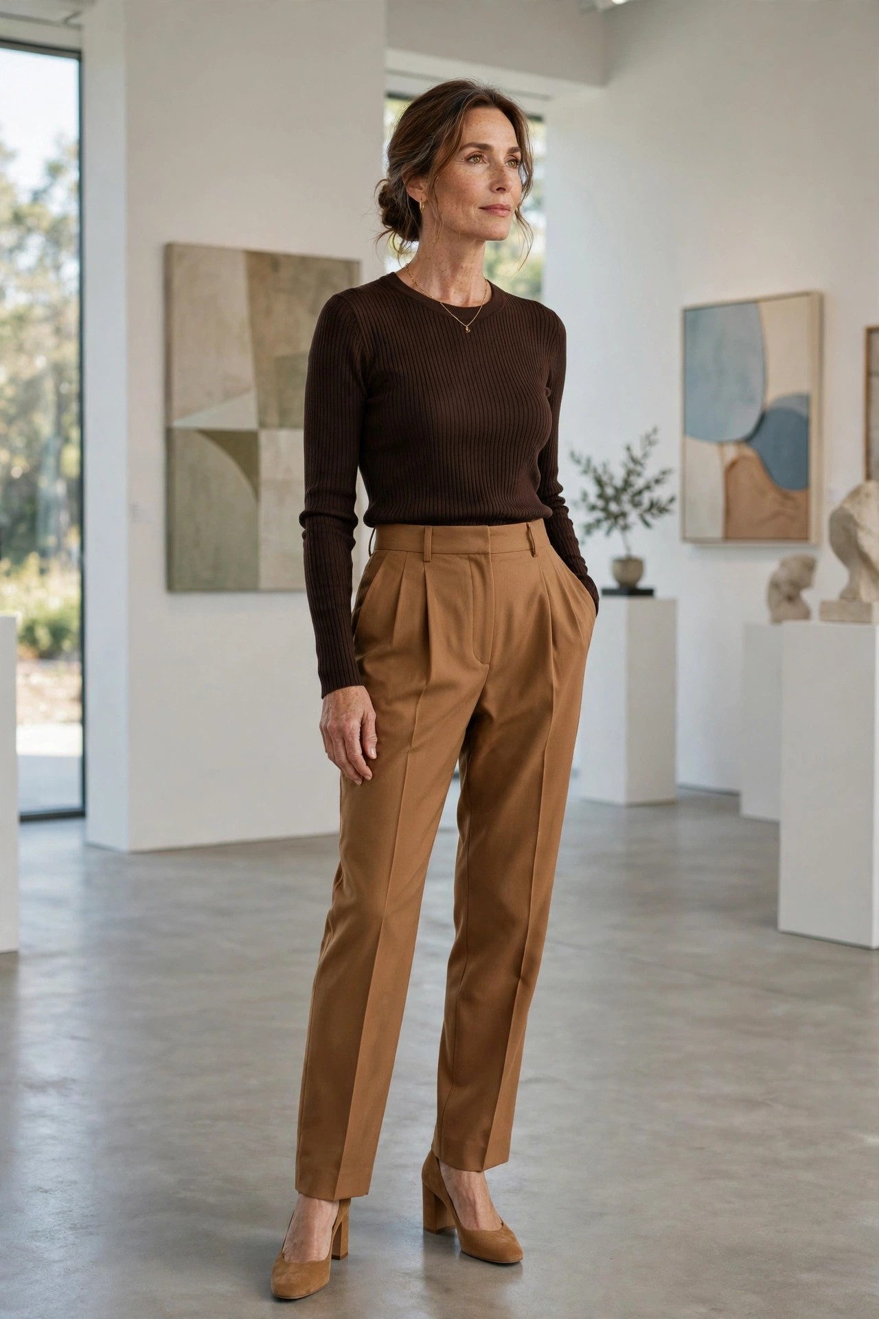 Woman in her 50s in an espresso ribbed knit top with caramel pleated trousers and tan heels