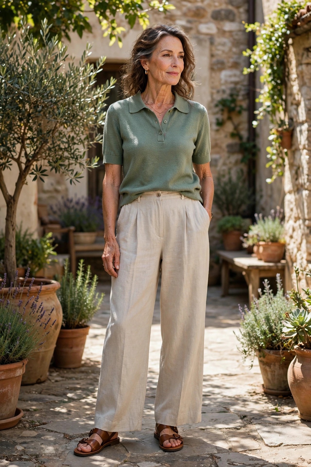 Woman in her 50s in oatmeal linen wide-leg pants with a sage knit polo and leather sandals