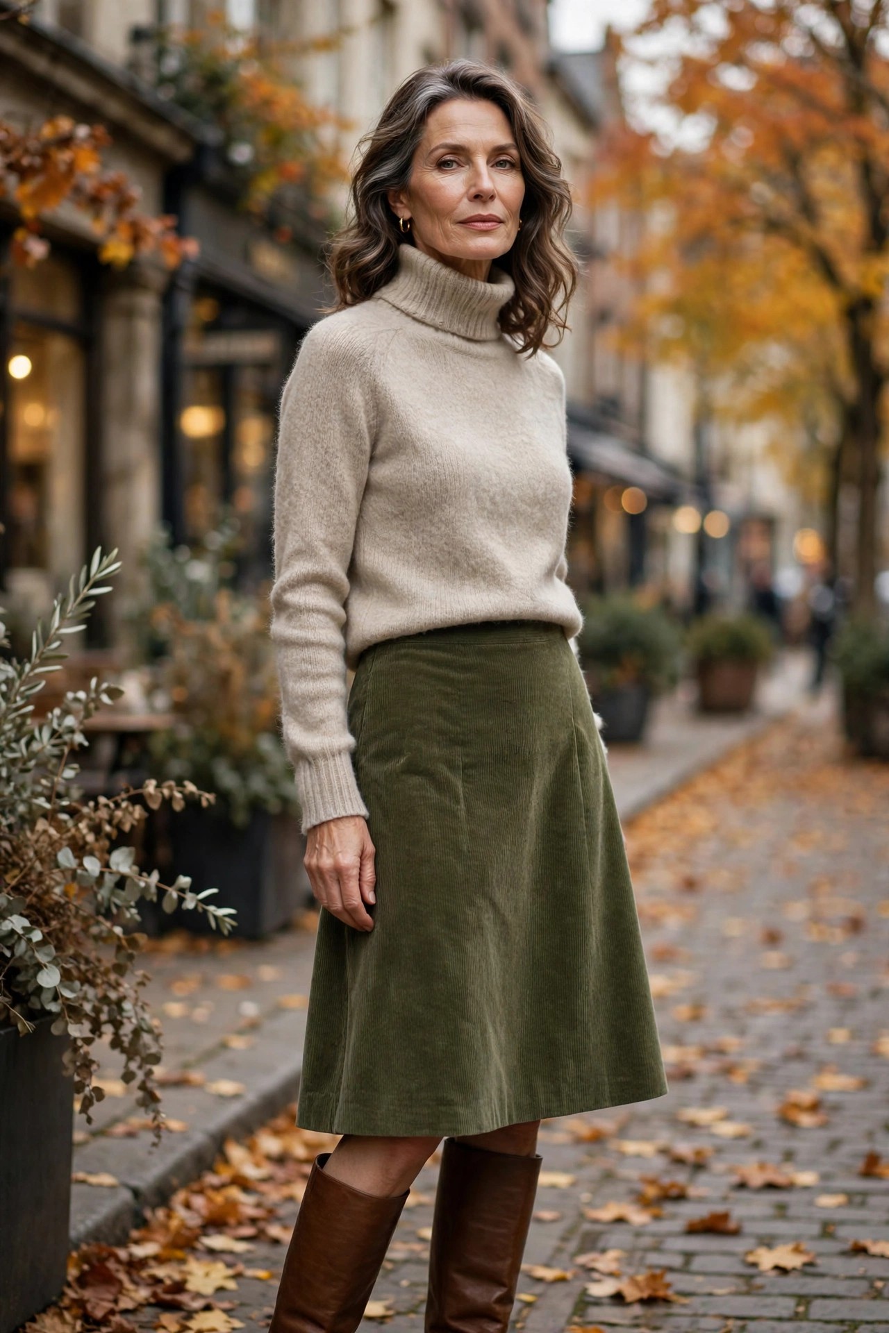 Woman in her 50s in an oatmeal turtleneck with a moss-green corduroy skirt and brown knee boots