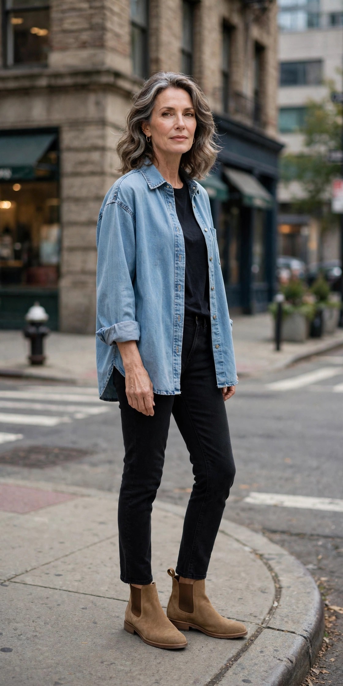 Woman in her 50s in a light denim overshirt over a black tee with black ankle jeans and chelsea boots