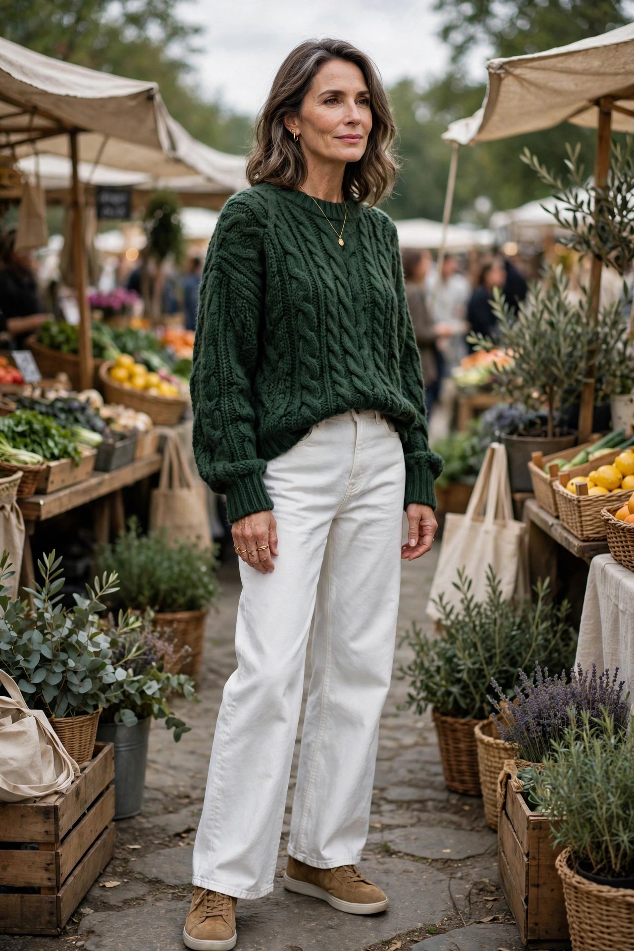 Woman in her 50s in a forest green chunky knit sweater with white wide-leg jeans and suede sneakers