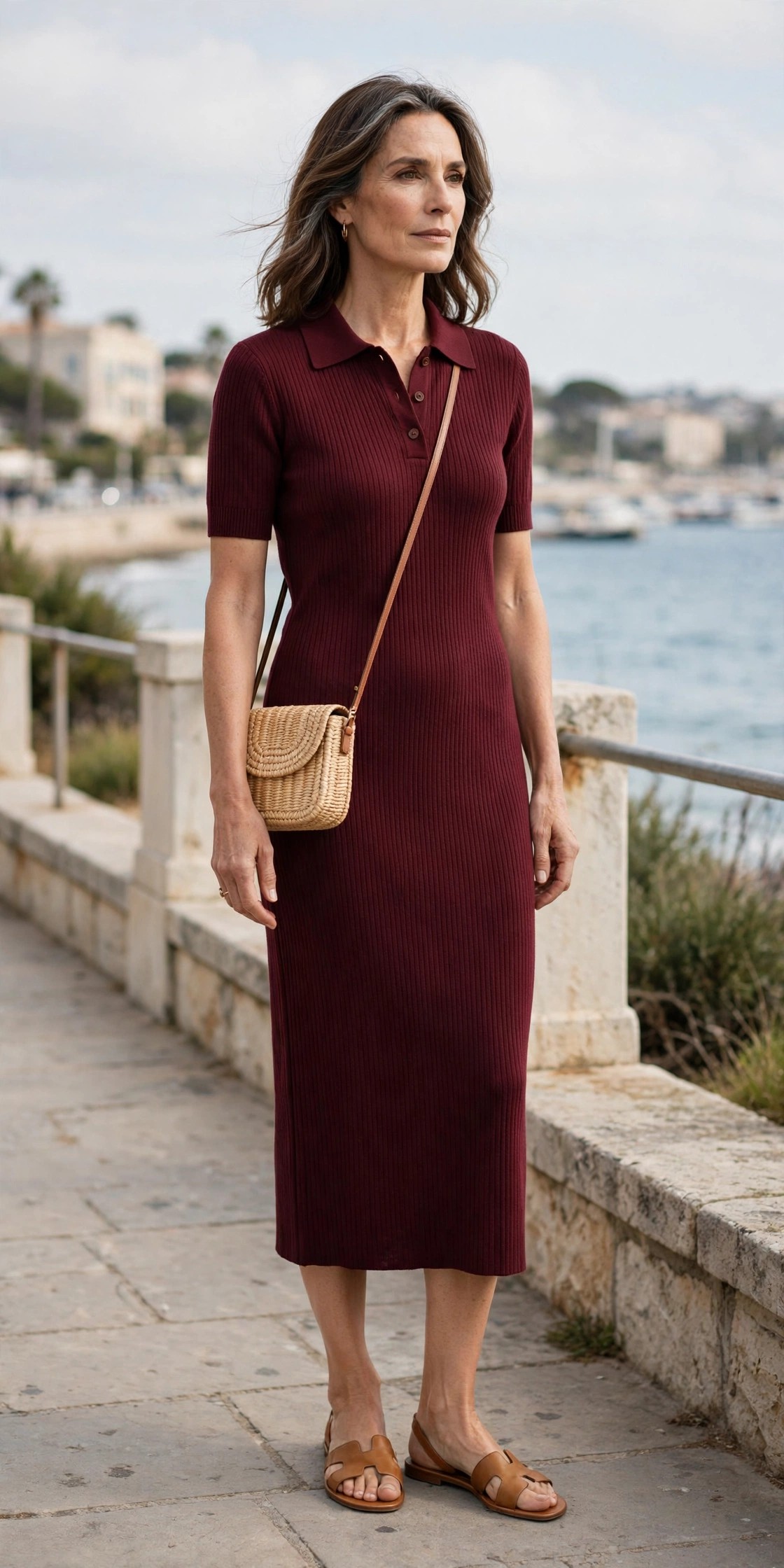 Woman in her 50s in a burgundy ribbed knit polo dress with tan flat sandals and a straw crossbody