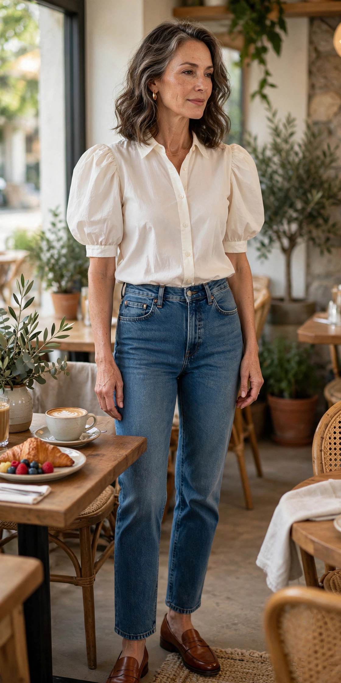 Woman in her 50s in an ivory puff-sleeve blouse with high-rise straight jeans and cognac loafers