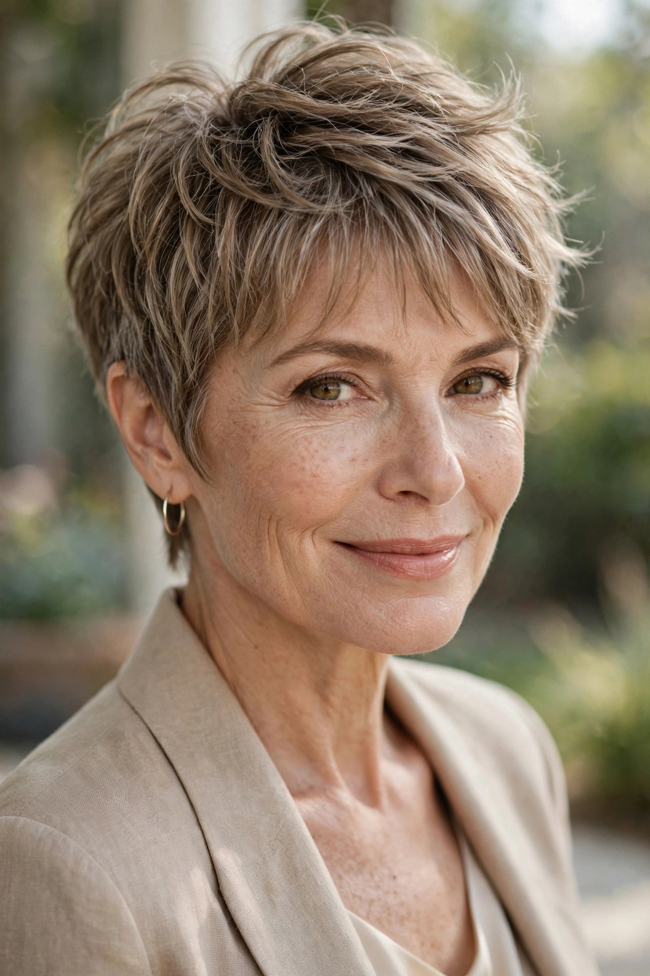 Feathered pixie haircut on a woman in her 50s, airy layers and soft fringe