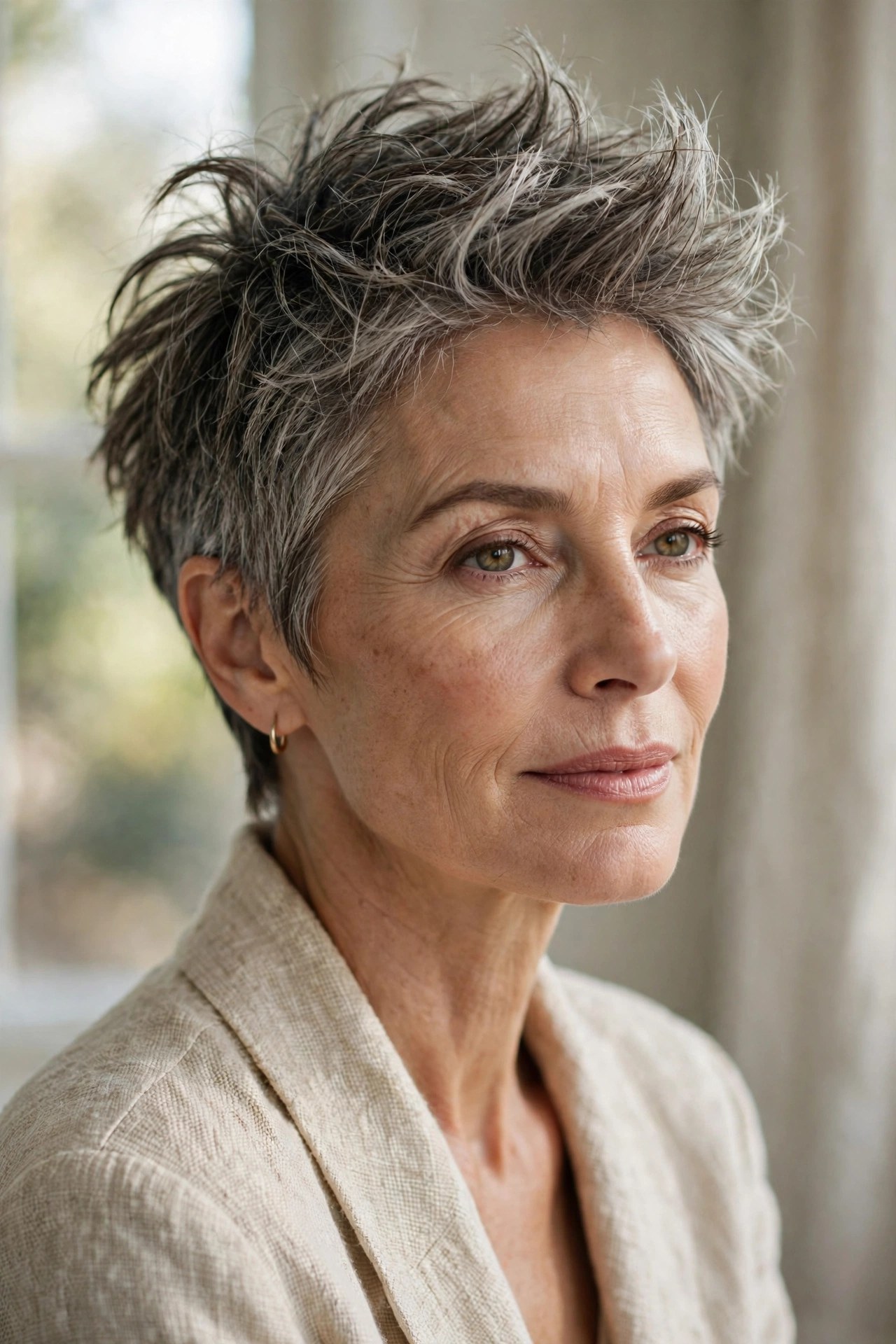 Tousled short crop haircut with height at the crown on a woman in her 50s