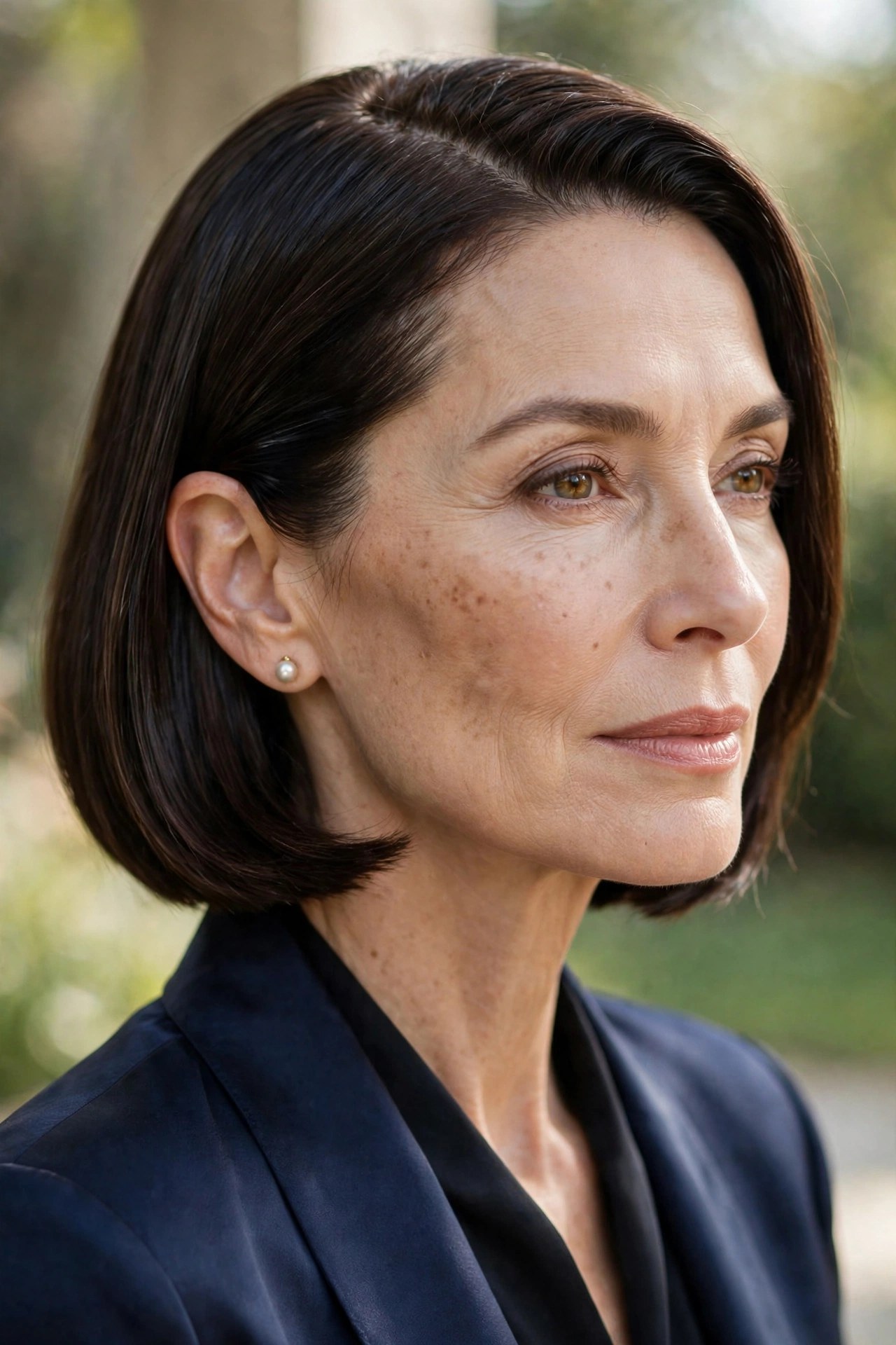 Sleek chin-length bob with a deep side part on a woman in her 50s