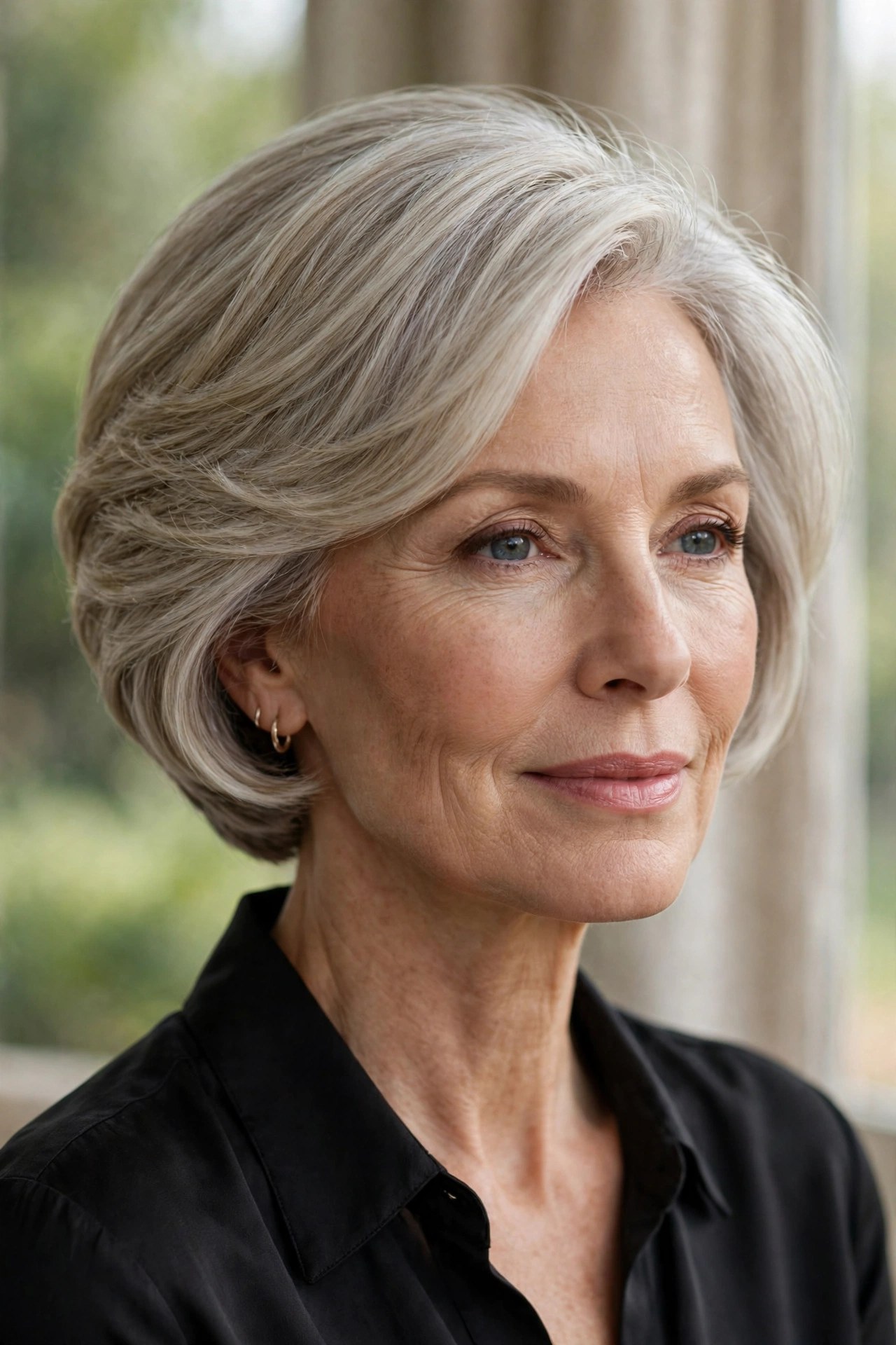 Softly stacked wedge haircut with graduated back on a woman in her 50s