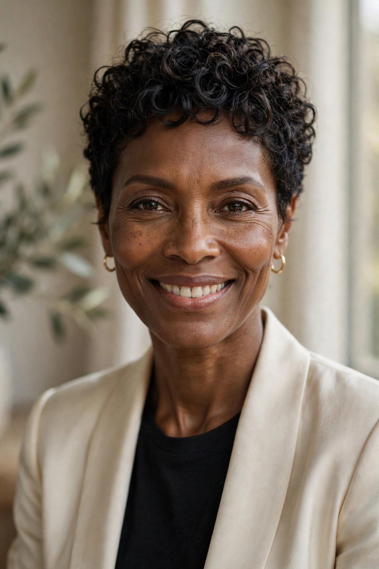 Curly crop pixie on a Black woman in her 50s with natural defined curls